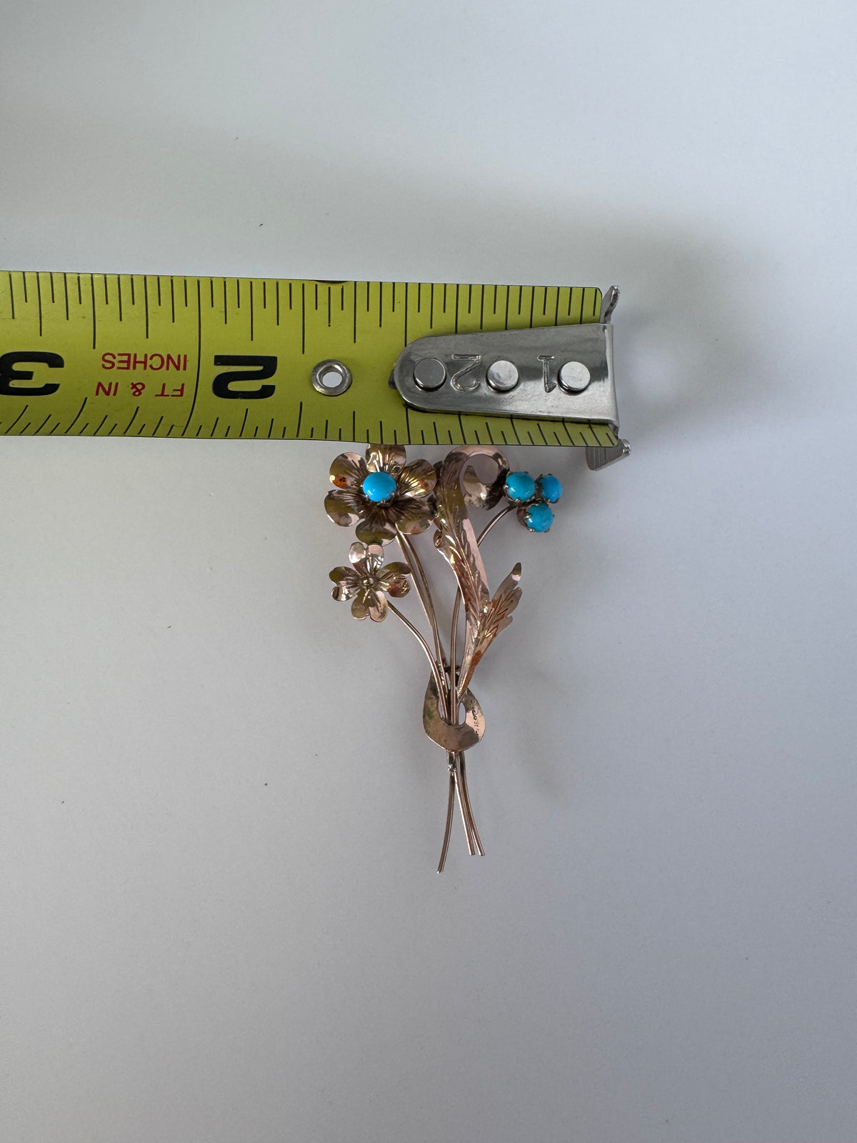 1940s estate rose gold floral brooch with turquoise cabochons, vintage dimensional flower pin jewelry