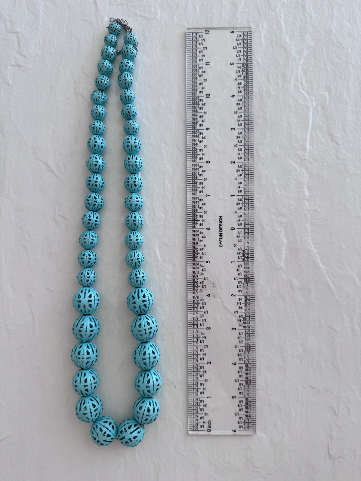 Vintage Turquoise Metal Filigree Bead Necklace Graduated
