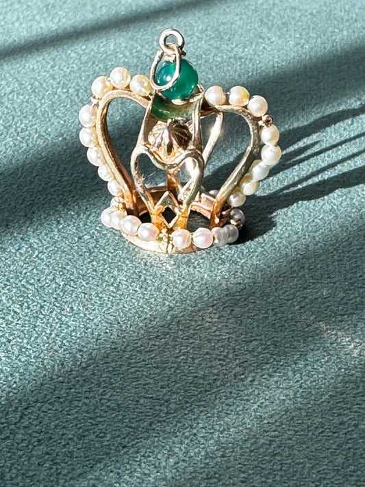 Mid-Century Vintage 14K Gold Crown Pendant Natural Jade Pearl Accents Royal Design