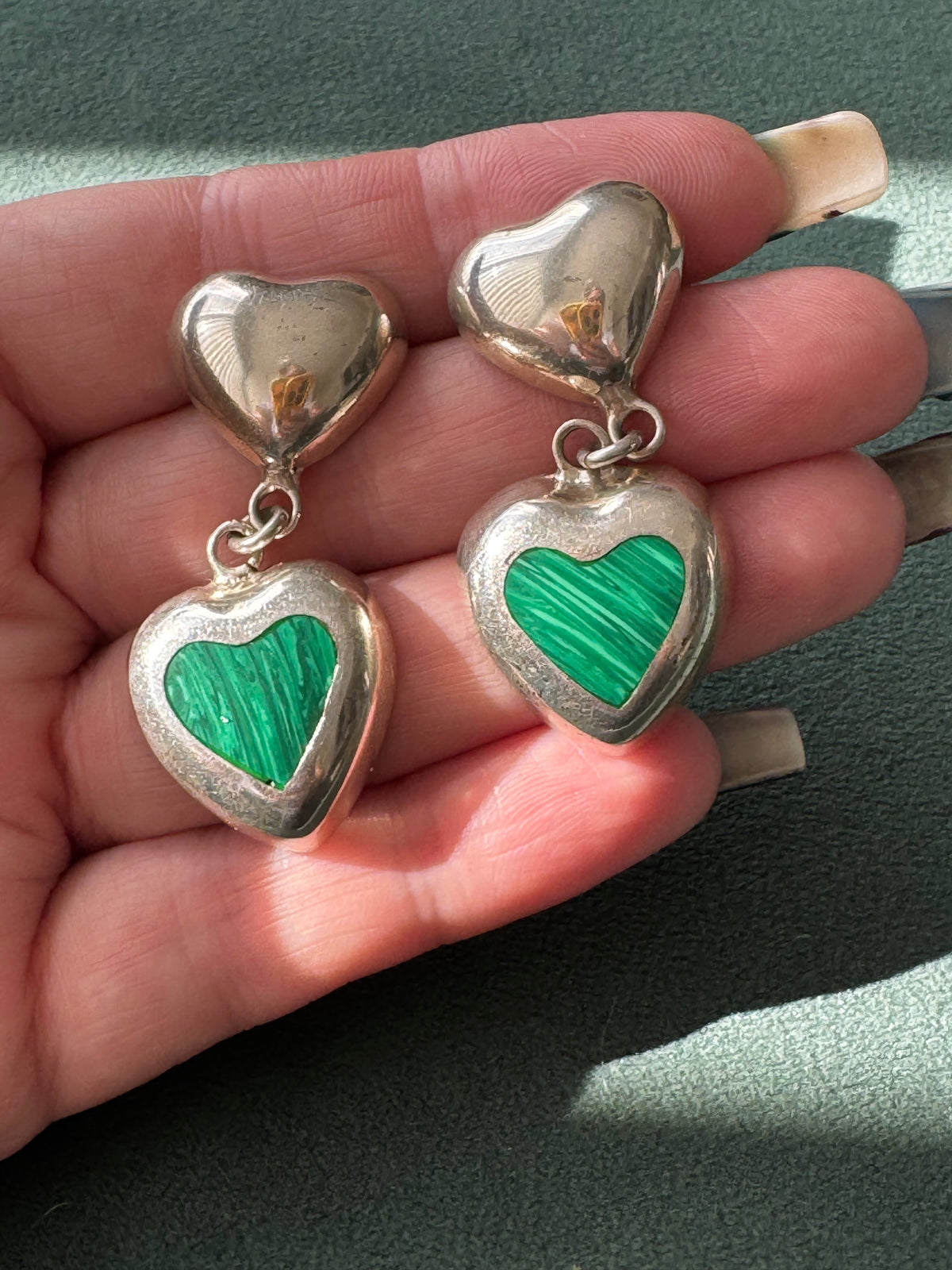 Vintage Sterling Silver Malachite Heart Drop Earrings Two Hearts Are Better Than One