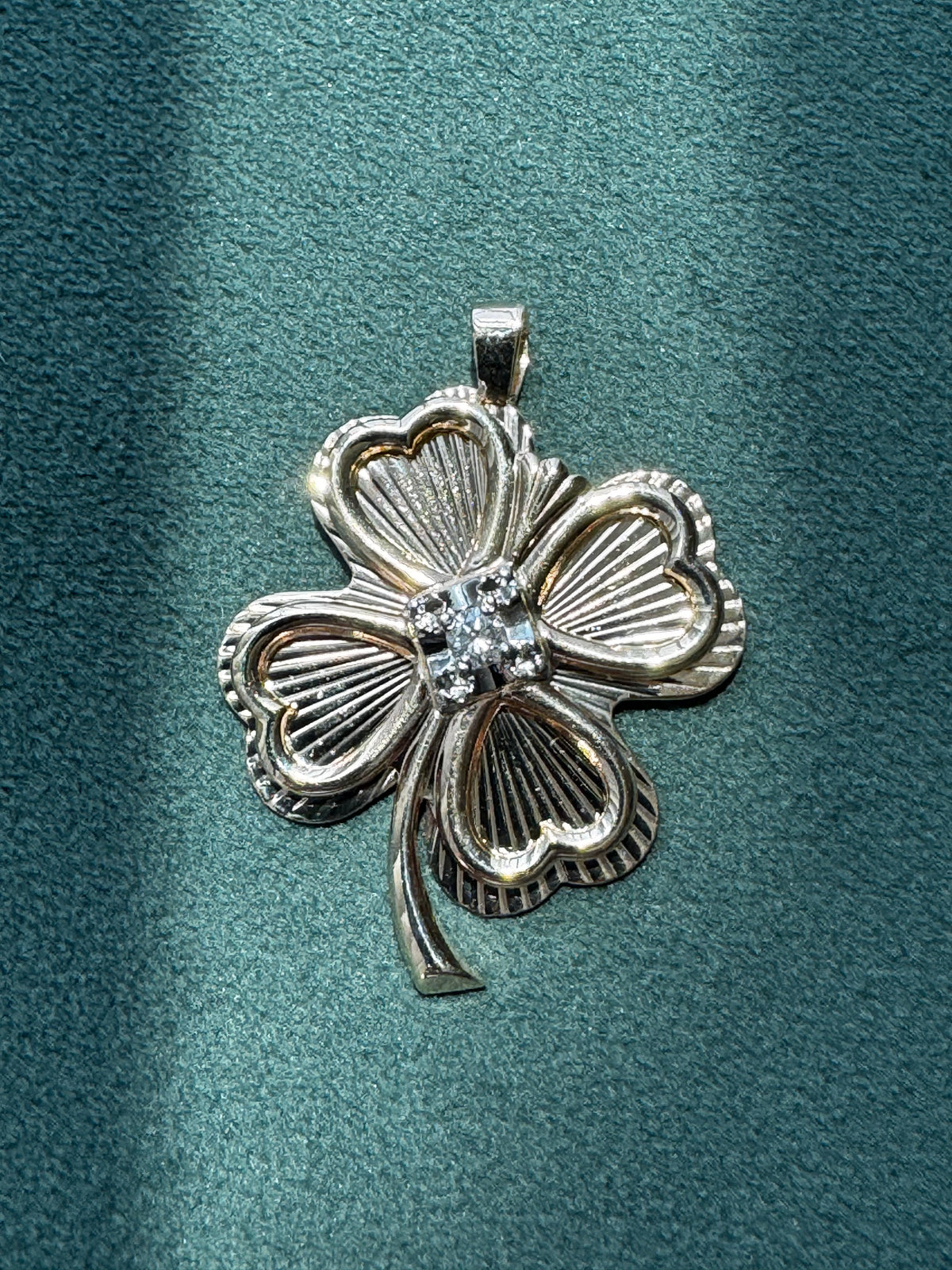 Vintage Tyrrell 10K Gold Diamond Four Leaf Clover Pendant Engine Turned 14K Bail