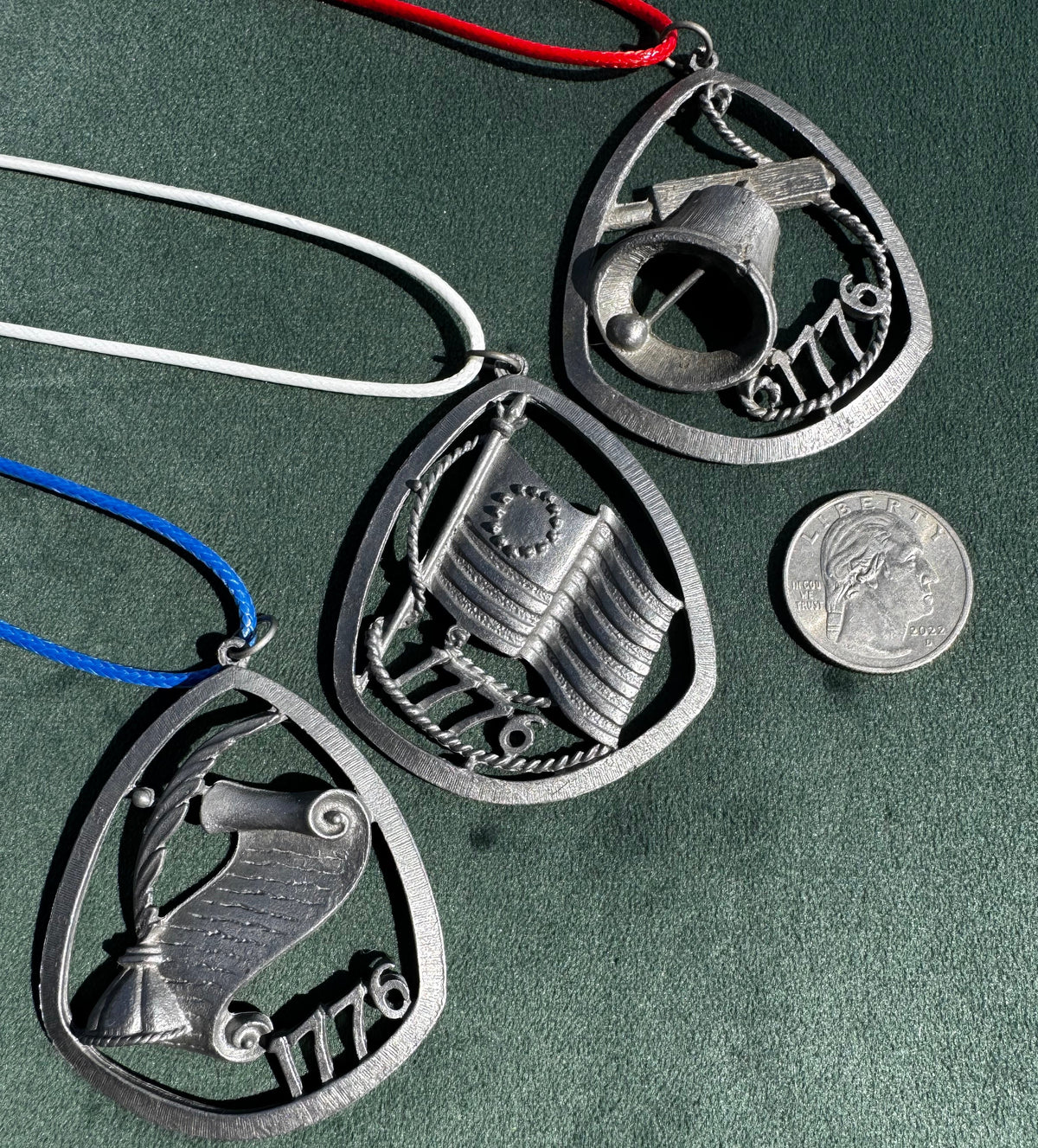 Vintage 1976 Bicentennial Pewter Betsy Ross Flag Pendant Necklace 1776 Spirit of 76
