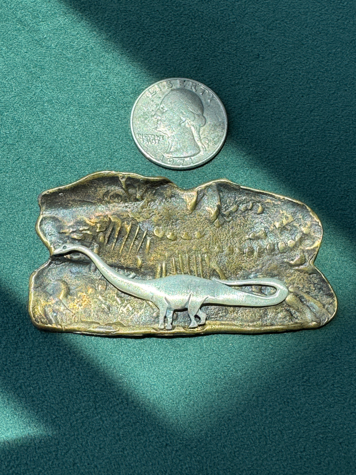Vintage Brass and Sterling Silver Sauropod Brontosaurus Dinosaur Fossil Scene Brooch Pin Signed Figural Paleontology