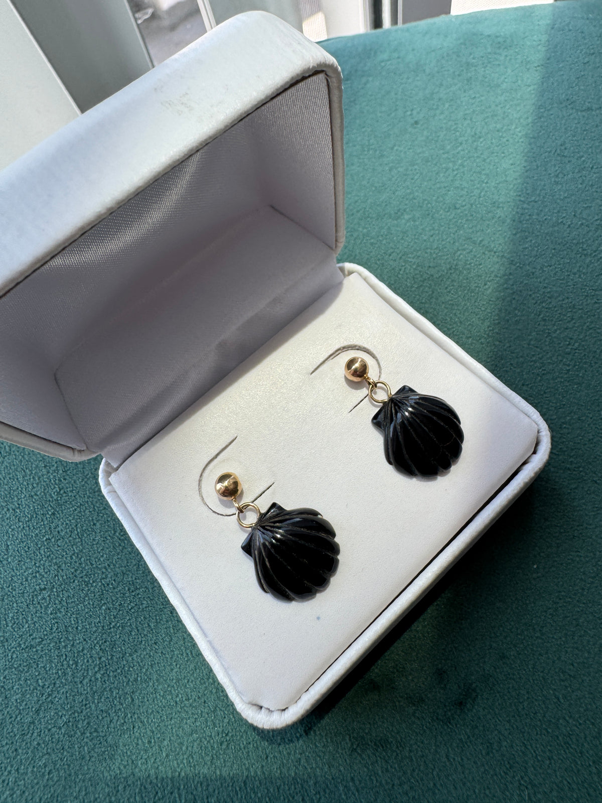 14K Gold Carved Black Scallop Shell Dangle Earrings Two Tiny Drops of Mermaid Life