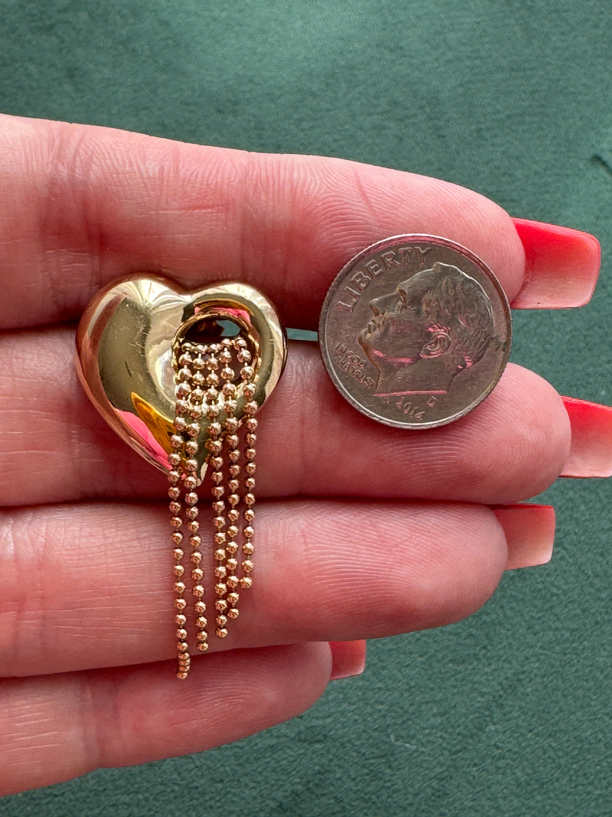 Y2K 14K Gold Puffed Heart Earrings, Beaded Waterfall Fringe Dangles