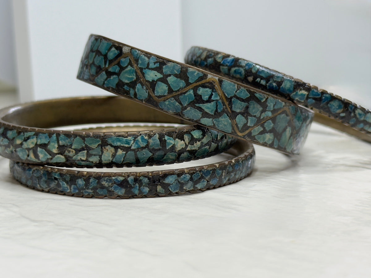 Vintage 1950s Indian Turquoise Mosaic Inlay Brass Bangle Bracelet Set Mid-Century