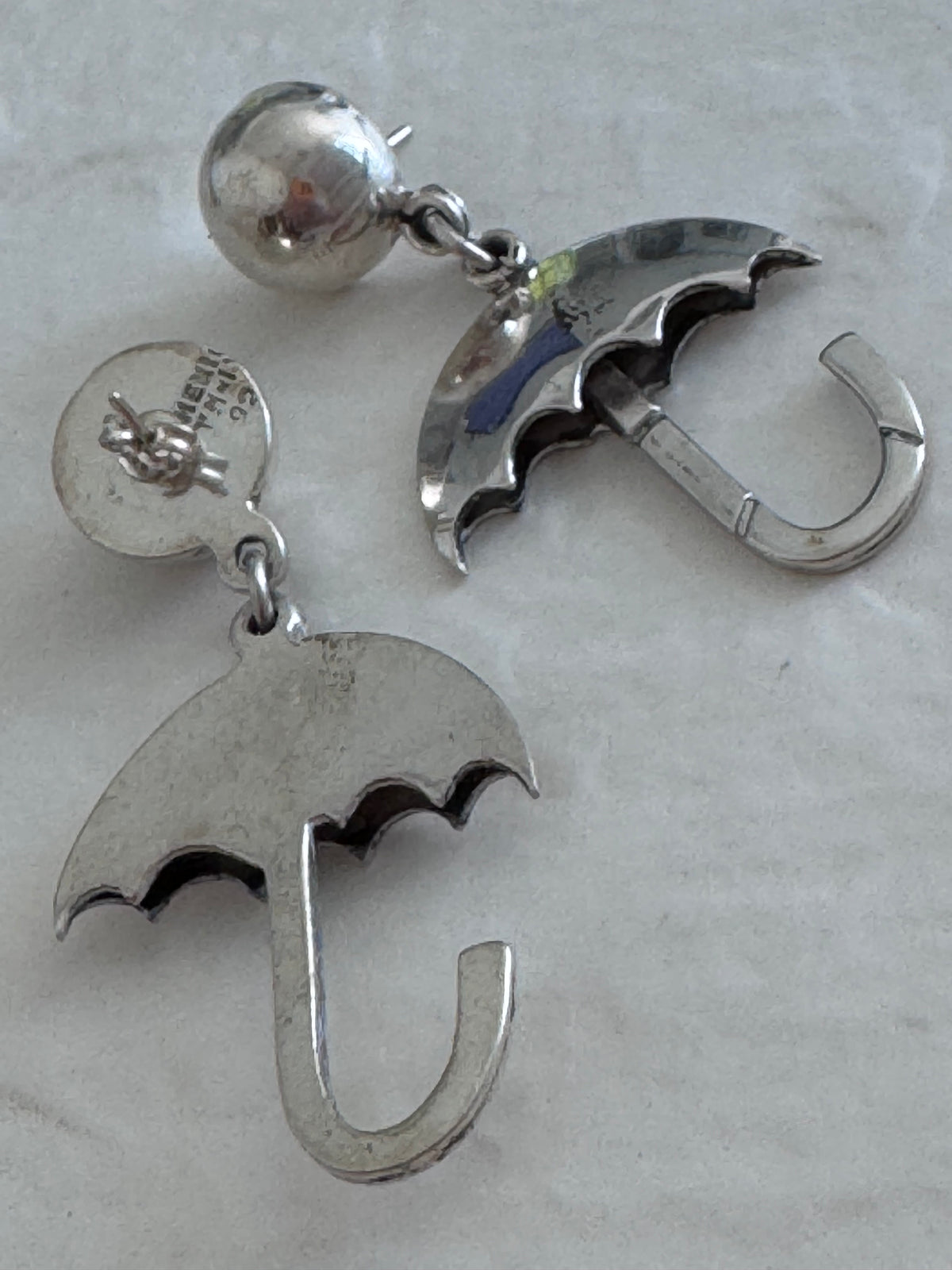 Mexican Sterling Silver Umbrella Dangle Earrings Y2K Taxco Artist Signed 925