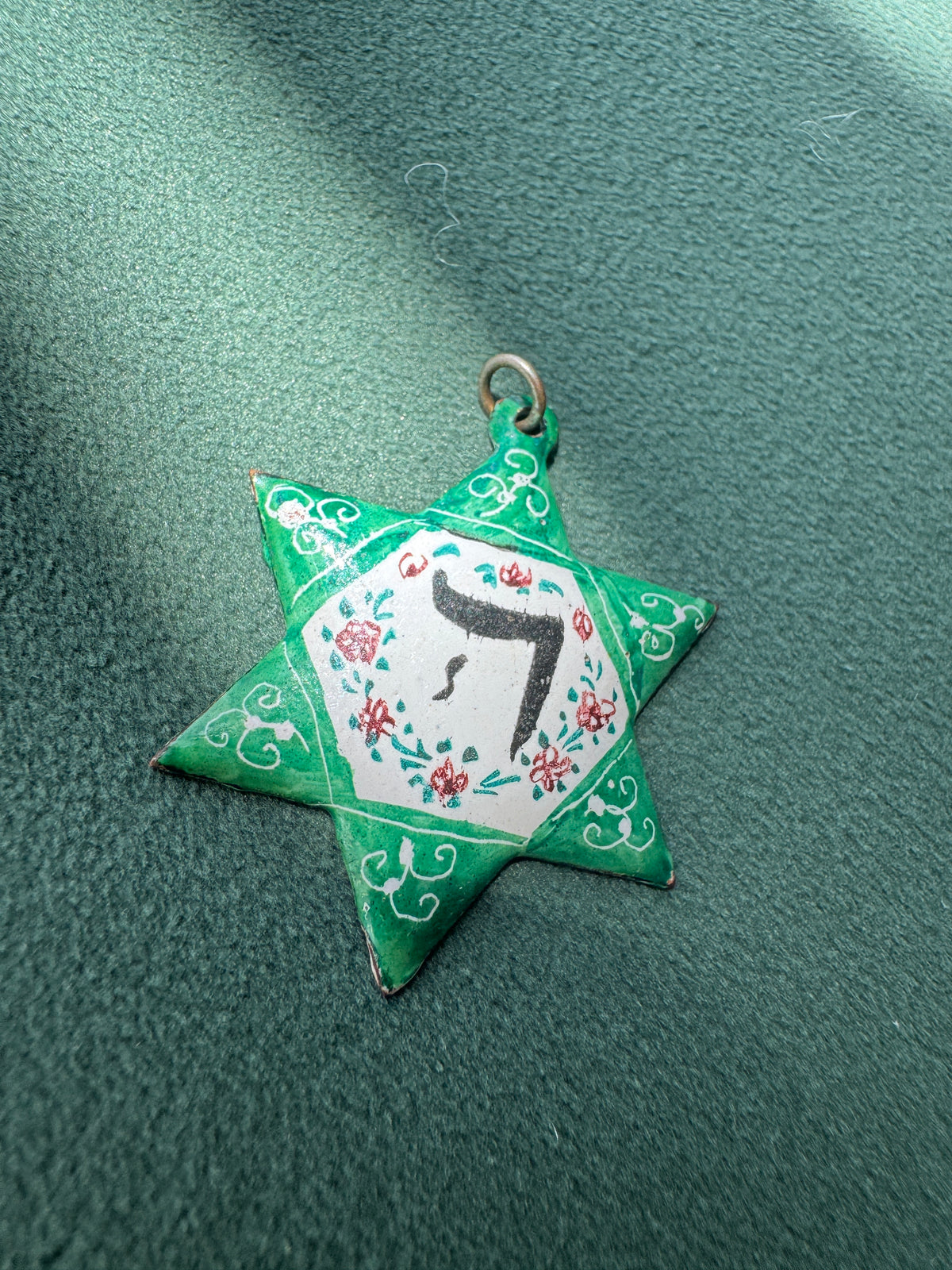Vintage Copper Hand Painted Enamel Star of David Pendant Chai Judaica