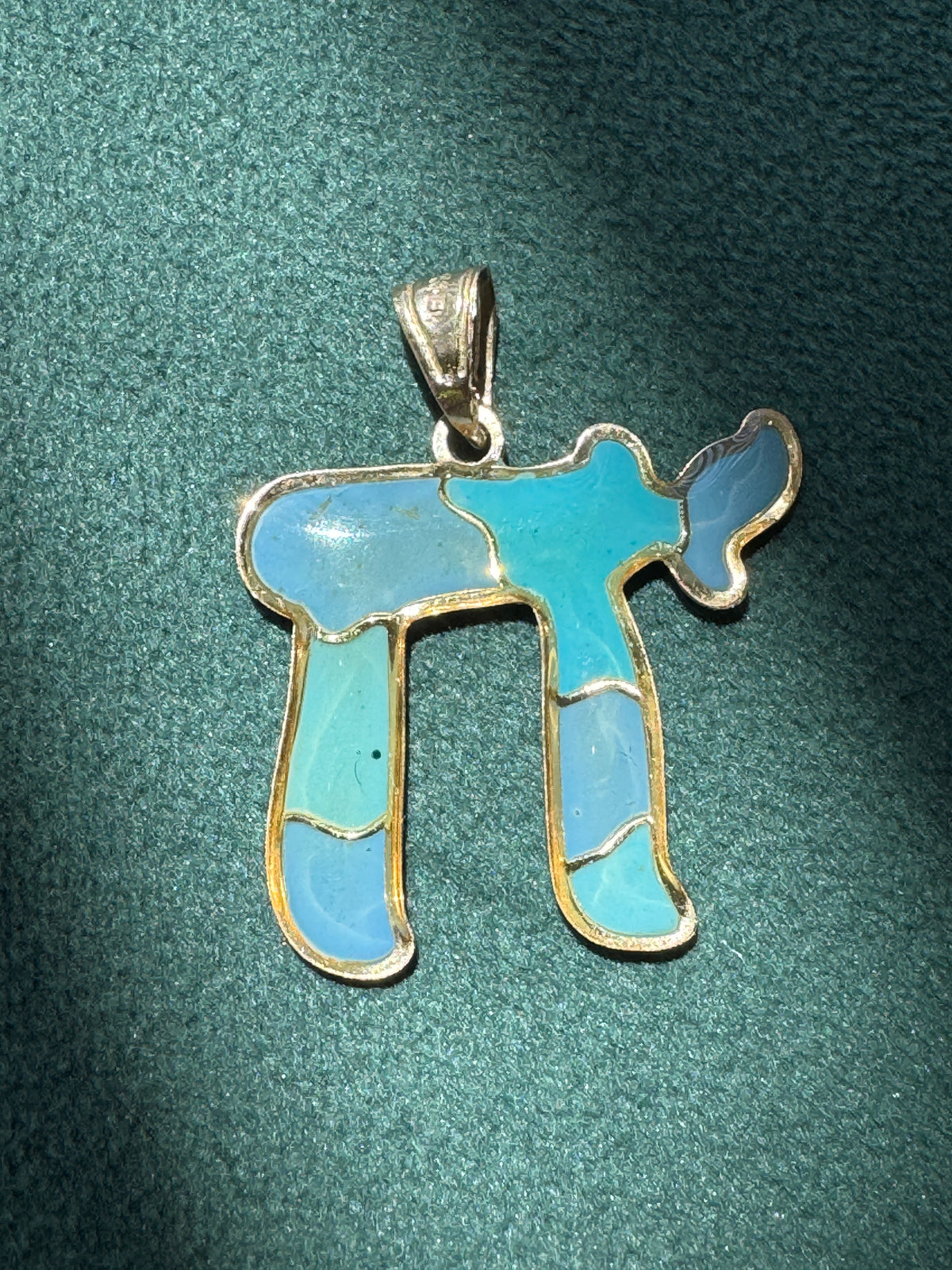 Vintage 14K Gold Puffy Enamel Chai Pendant Blue Judaica