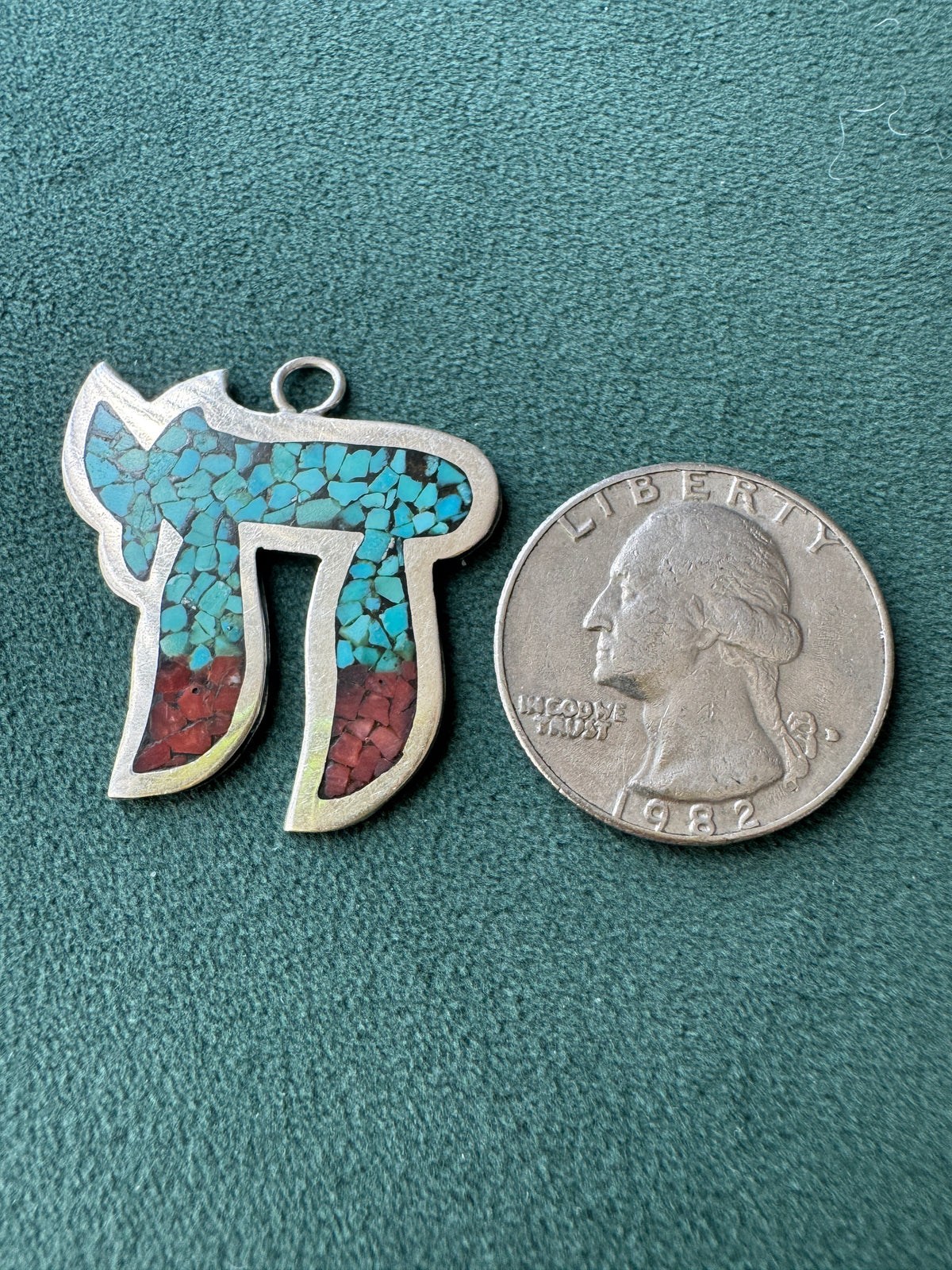 Vintage Sterling Silver Chai Pendant With Turquoise and Red Stone Mosaic Inlay