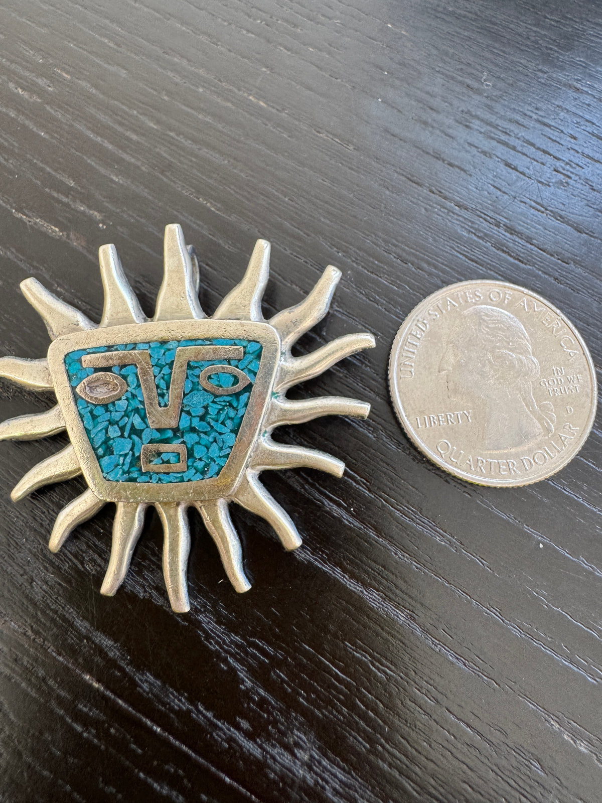 Vintage Taxco Mexico Sterling Silver Sun Face Brooch Pendant Crushed Turquoise Inlay With Wavy Rays and a Poker Face