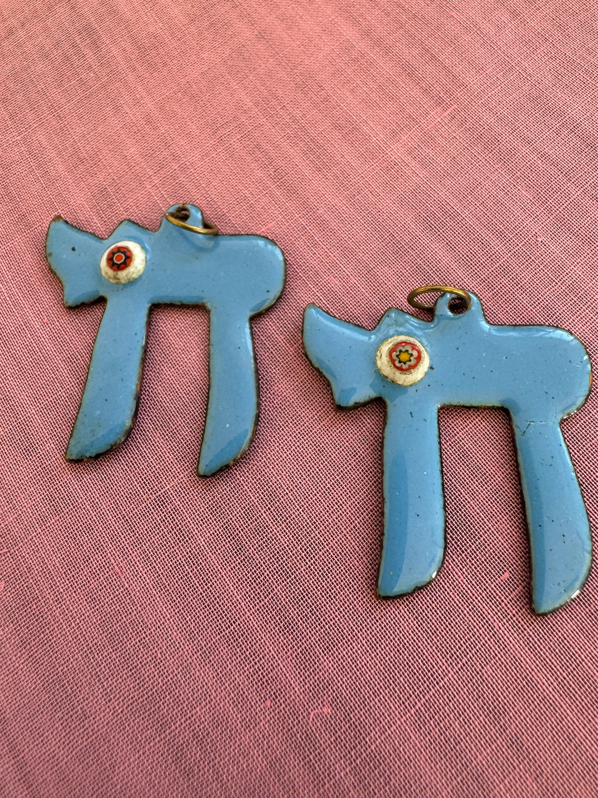 Vintage Enamel on Copper Chai Pendant Sky Blue Hebrew Life Symbol With Millefiori Star Glass Accent