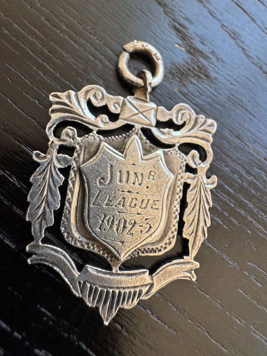 Antique 1902 Birmingham Sterling Silver Fob Medal Pendant Junior League Award Hallmarked Edwardian Shield