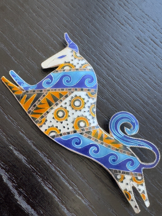 Vintage Cloisonne Enamel Sterling Silver Bull Brooch Blue Waves and Orange Suns Folk Art Statement Pin