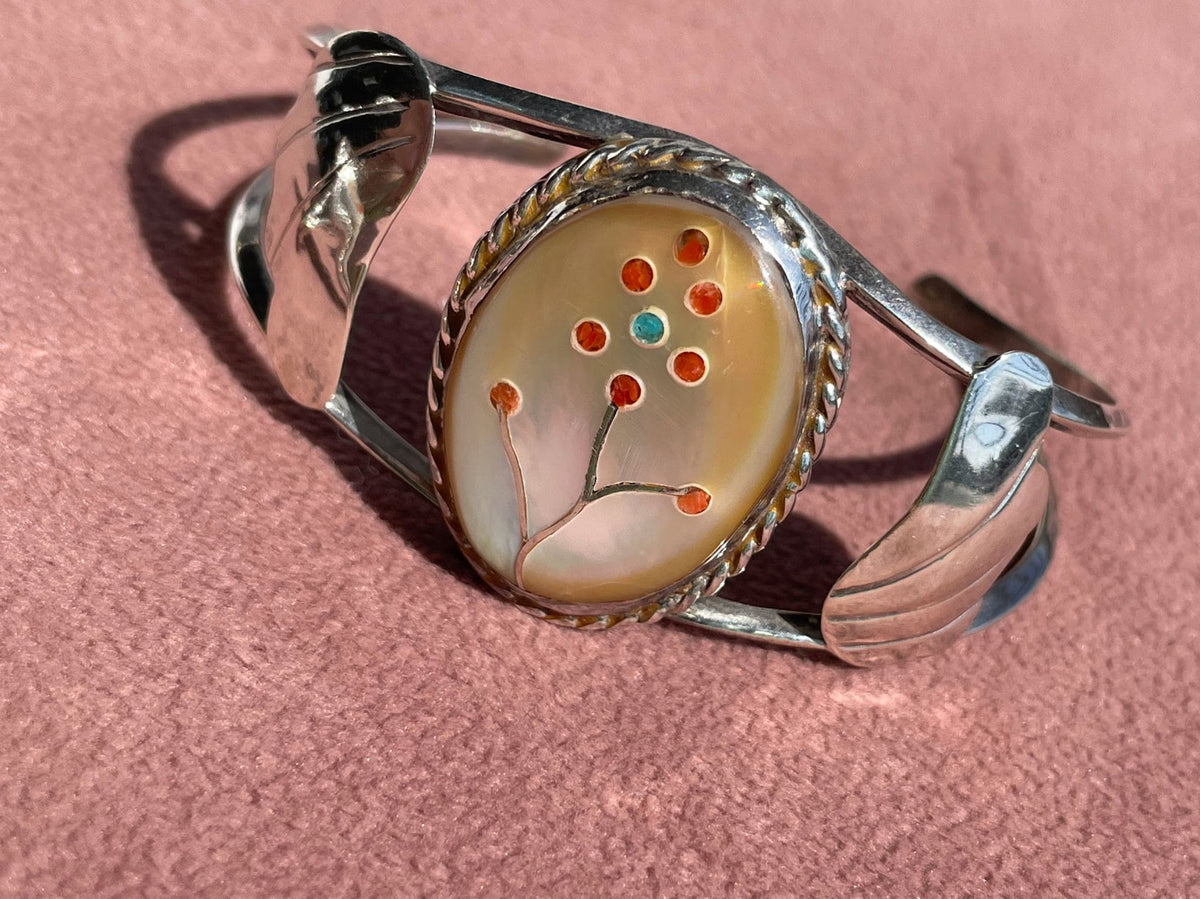 Vintage 1960s Southwestern Style Sterling Silver Inlay Cuff Bracelet and Ring Set