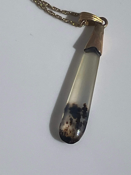 Antique Victorian Moss Agate and 14K Gold Pendant and Necklace