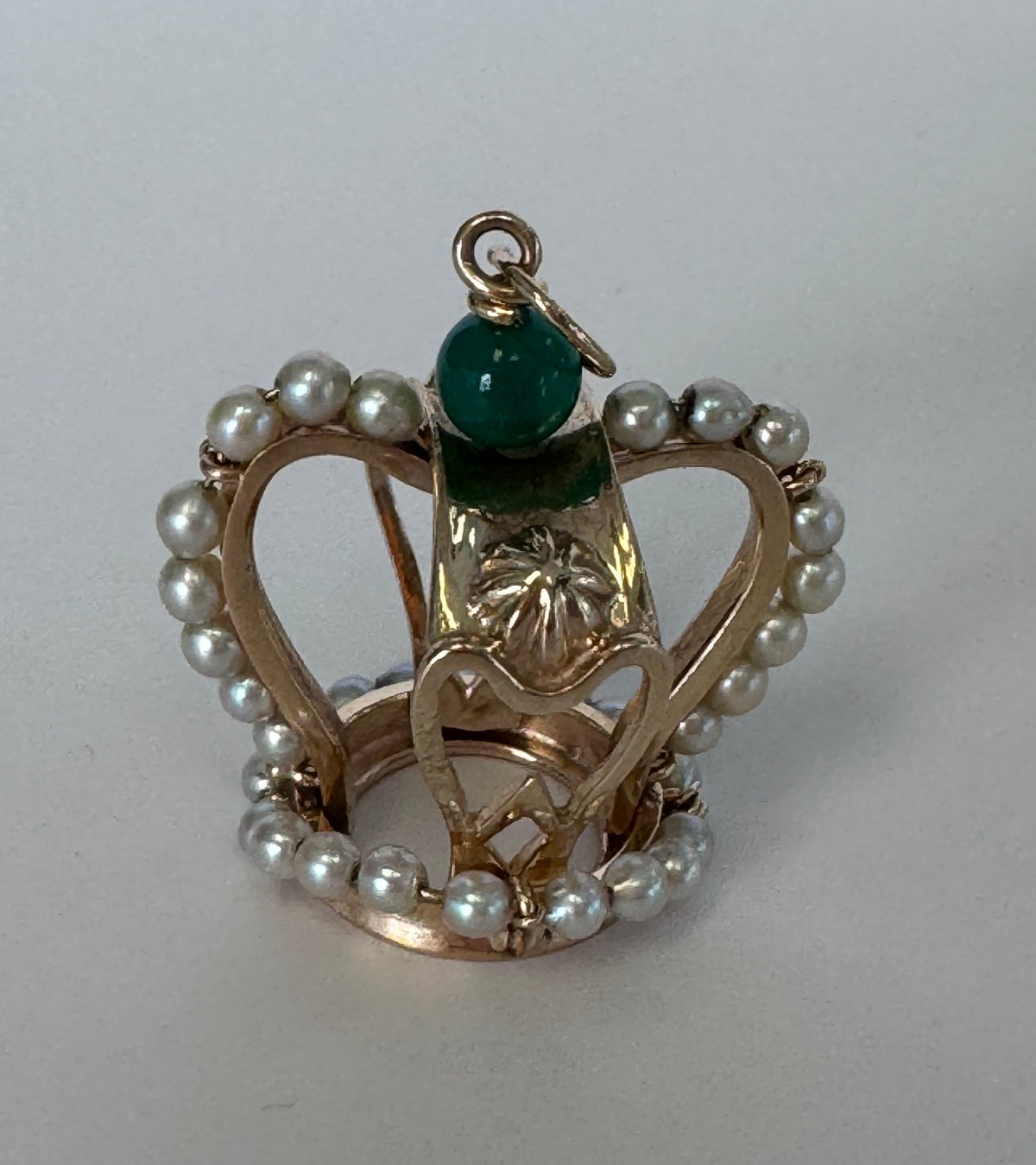 Mid-Century Vintage 14K Gold Crown Pendant Natural Jade Pearl Accents Royal Design