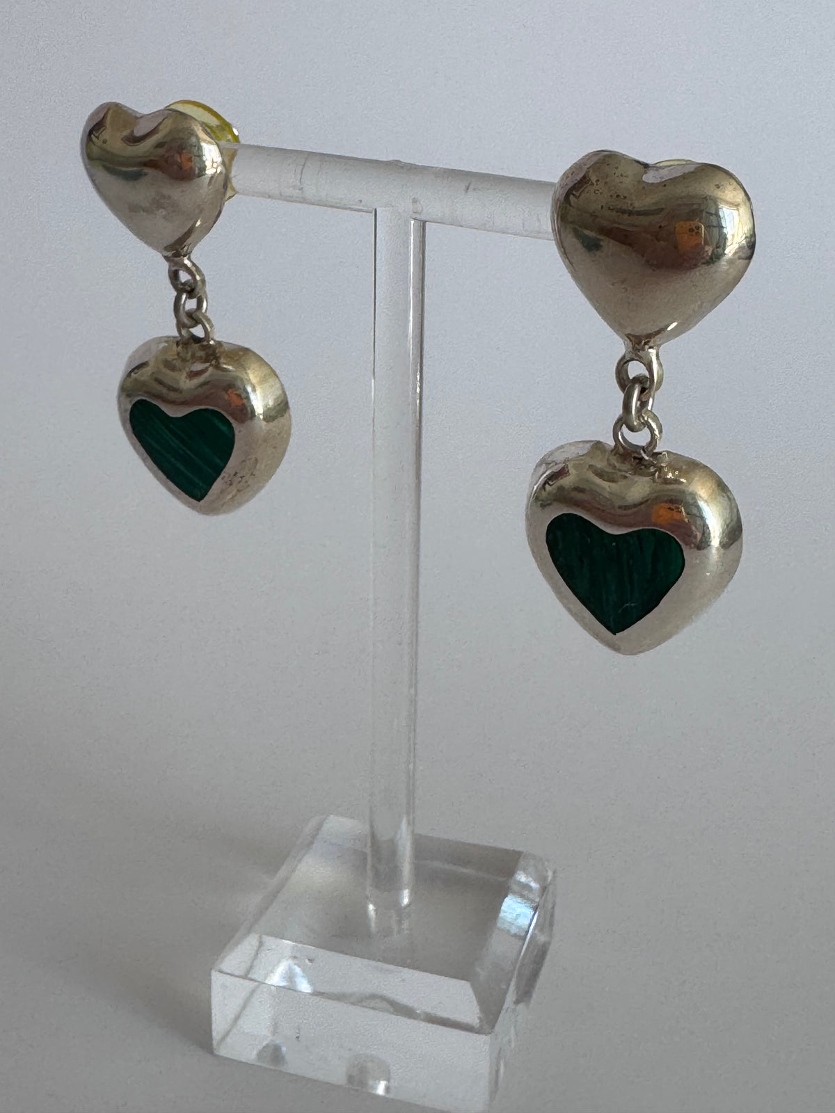 Vintage Sterling Silver Malachite Heart Drop Earrings Two Hearts Are Better Than One
