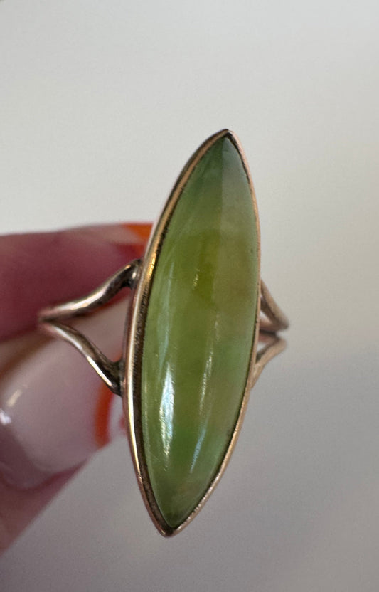 Vintage 9K Gold Jade Navette Ring Marquise Shape Jade