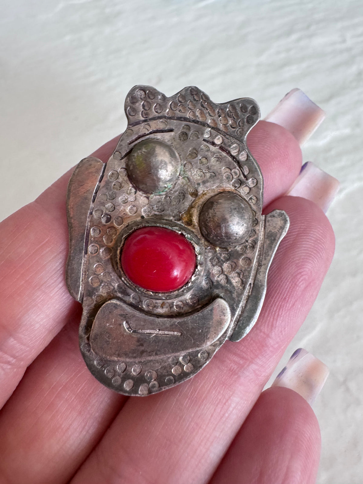 Vintage Sterling Silver Clown Face Brooch Red Cabochon Nose Whimsical Artisan Jewelry
