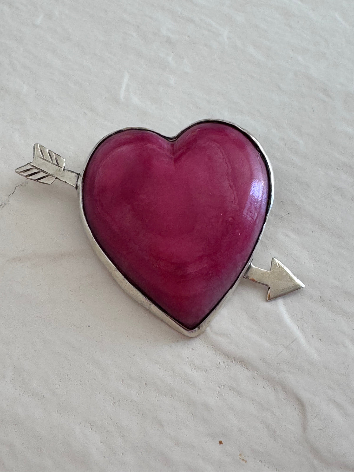 Vintage Mexican Sterling Silver Rhodochrosite Heart Arrow Brooch Pin Pink Stone Valentine Love