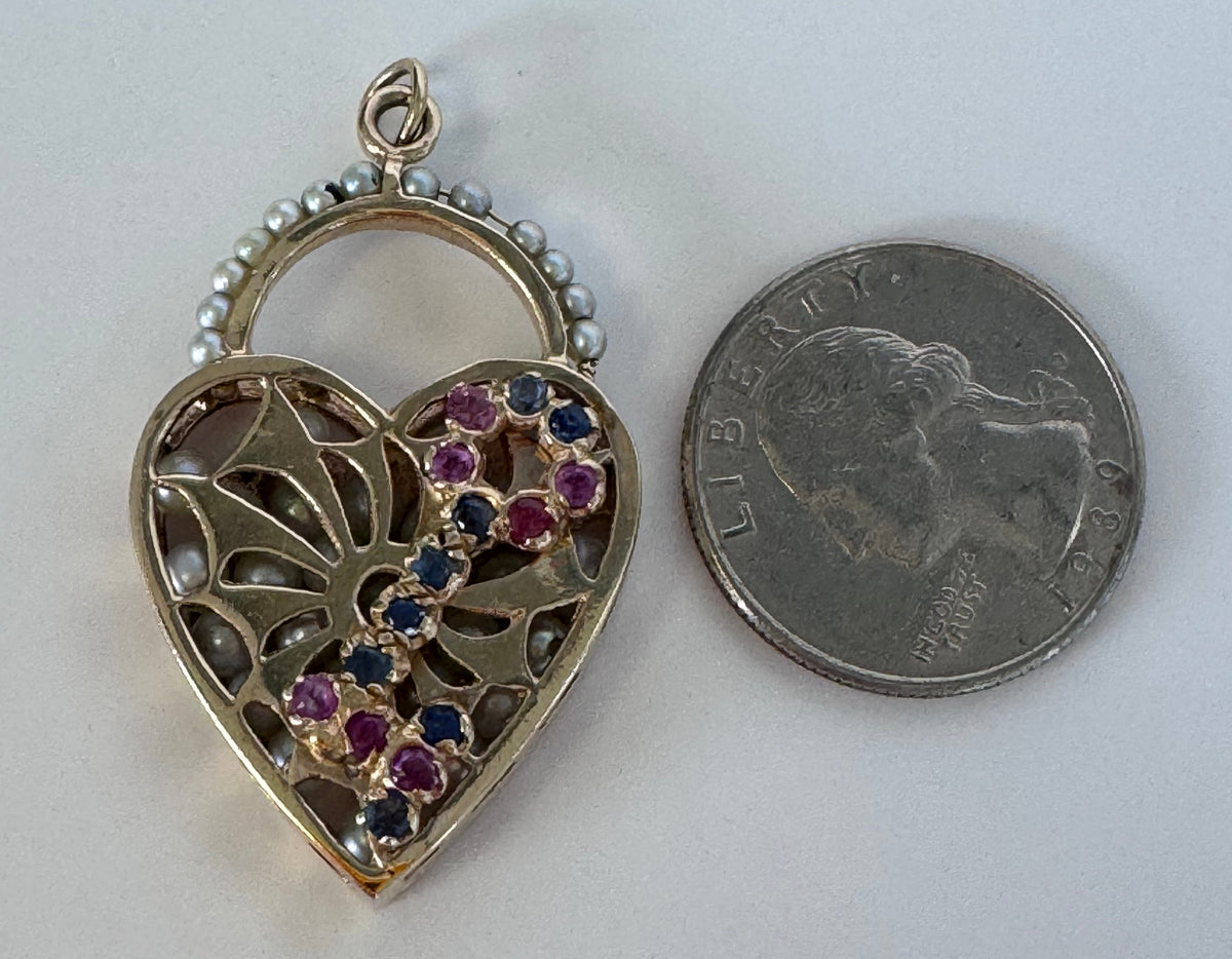 Mid century 14K gold key to my heart charm with rubies sapphires and rattling pearls inside heart lock, vintage charm bracelet piece