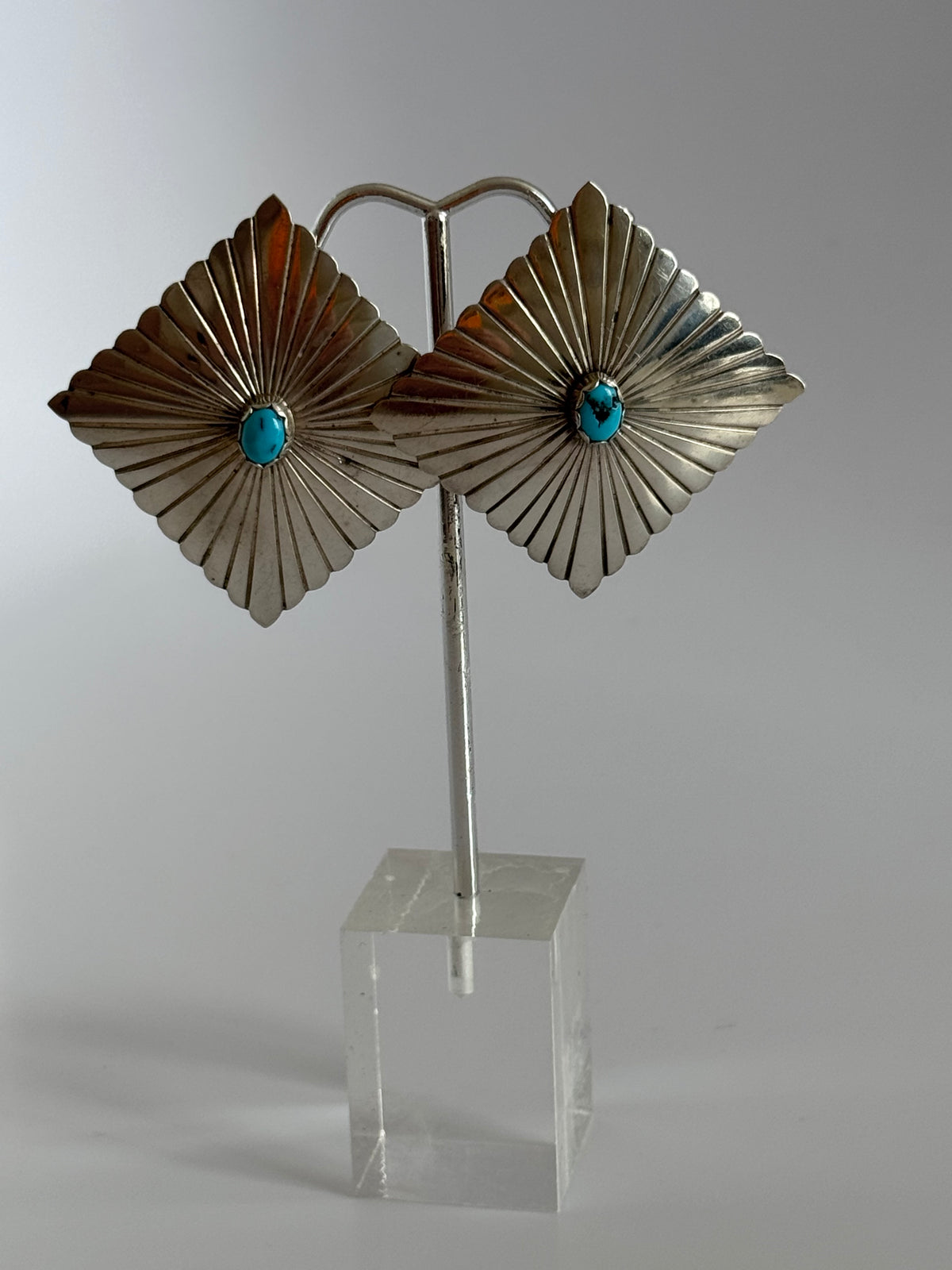 Large Square Southwestern Style Sterling Turquoise Stud Earrings