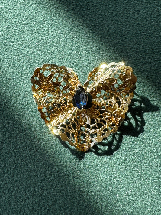Vintage 1980s 14K Gold Sapphire Heart Slide Pendant - Pierced Filigree Design