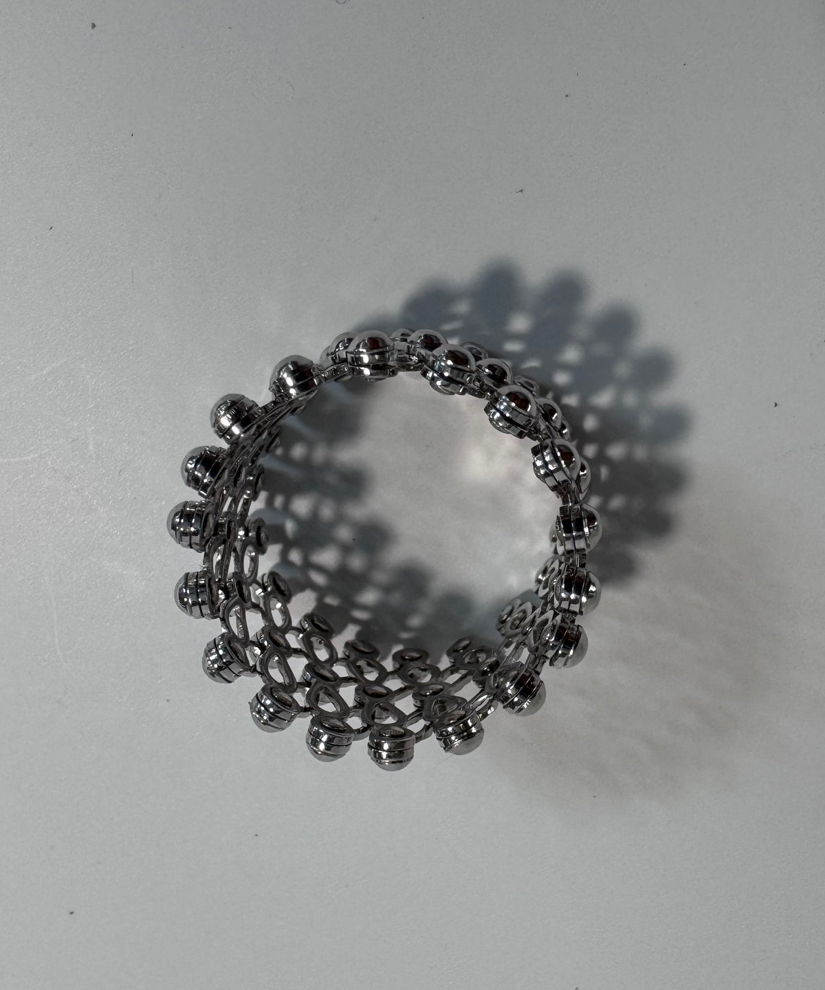 Estate 14K white gold convertible ring bracelet with expandable spherical link mechanism transforming from ring to full bracelet size