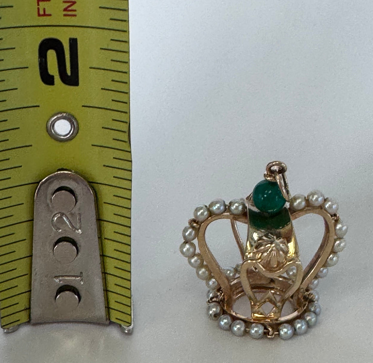 Mid-Century Vintage 14K Gold Crown Pendant Natural Jade Pearl Accents Royal Design
