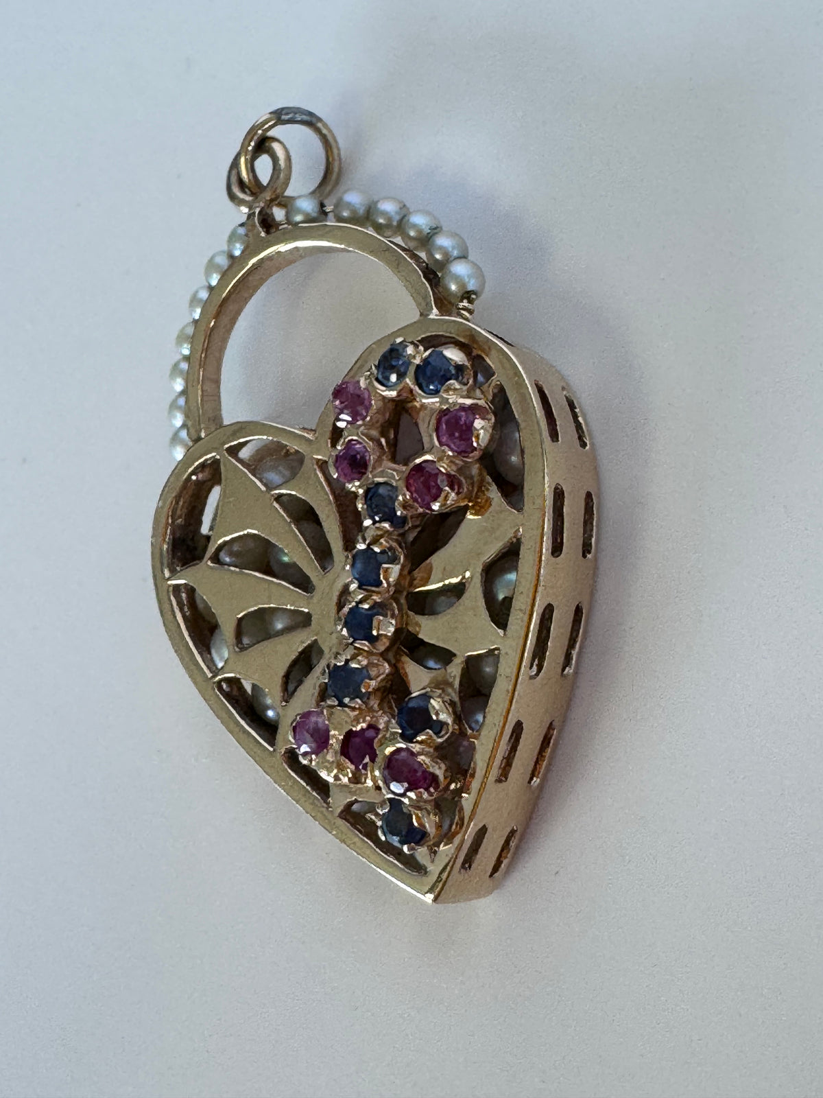 Mid century 14K gold key to my heart charm with rubies sapphires and rattling pearls inside heart lock, vintage charm bracelet piece