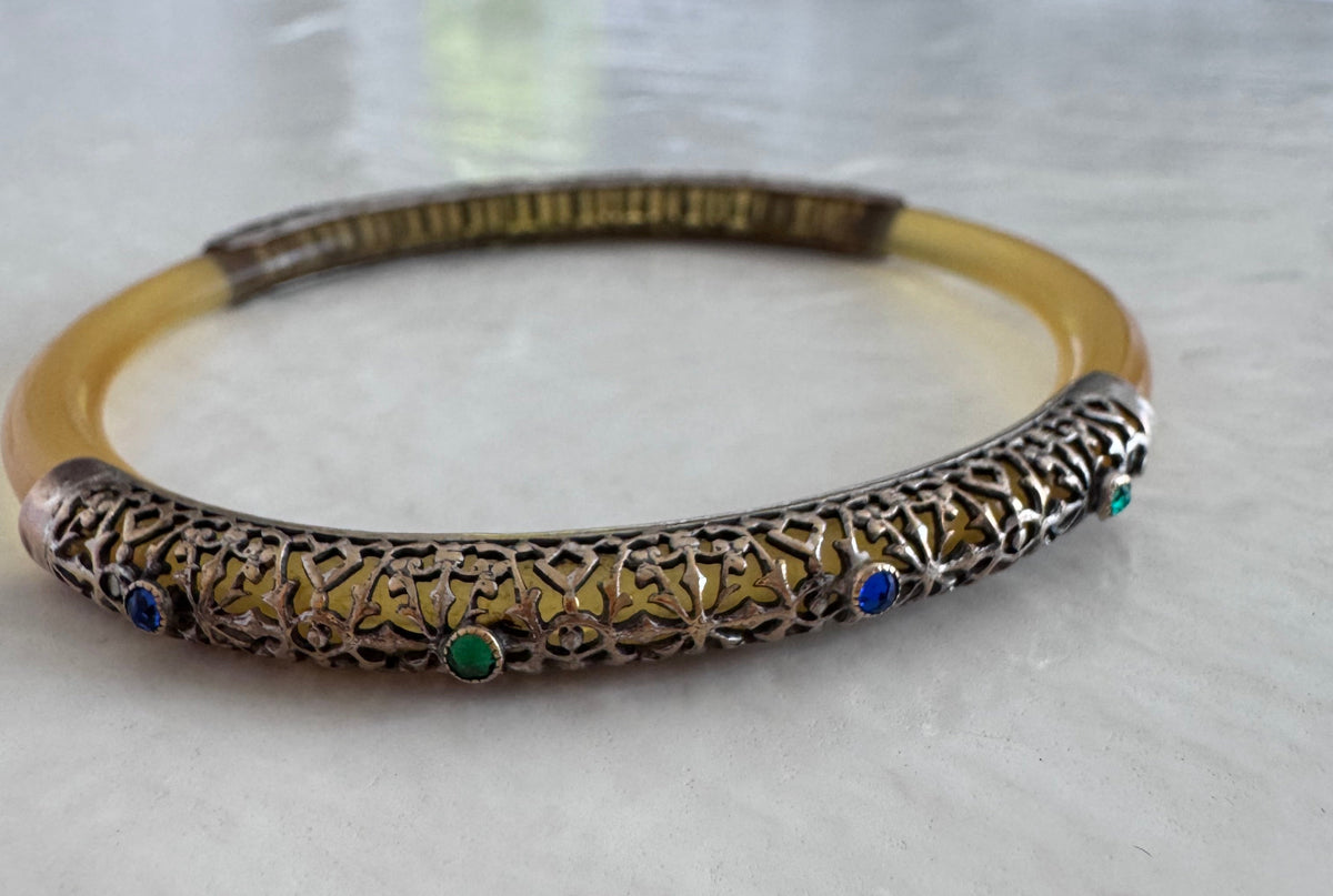 Vintage Apple Juice Bakelite Bangle Sterling Silver Filigree Bracelet