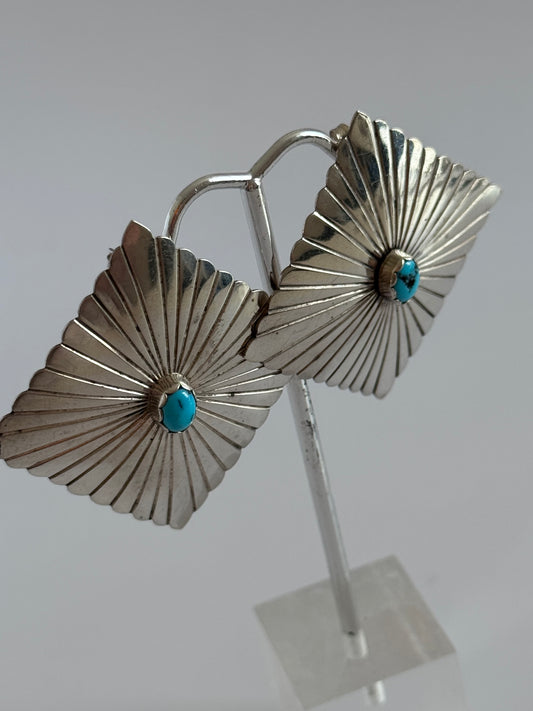 Large Square Southwestern Style Sterling Turquoise Stud Earrings