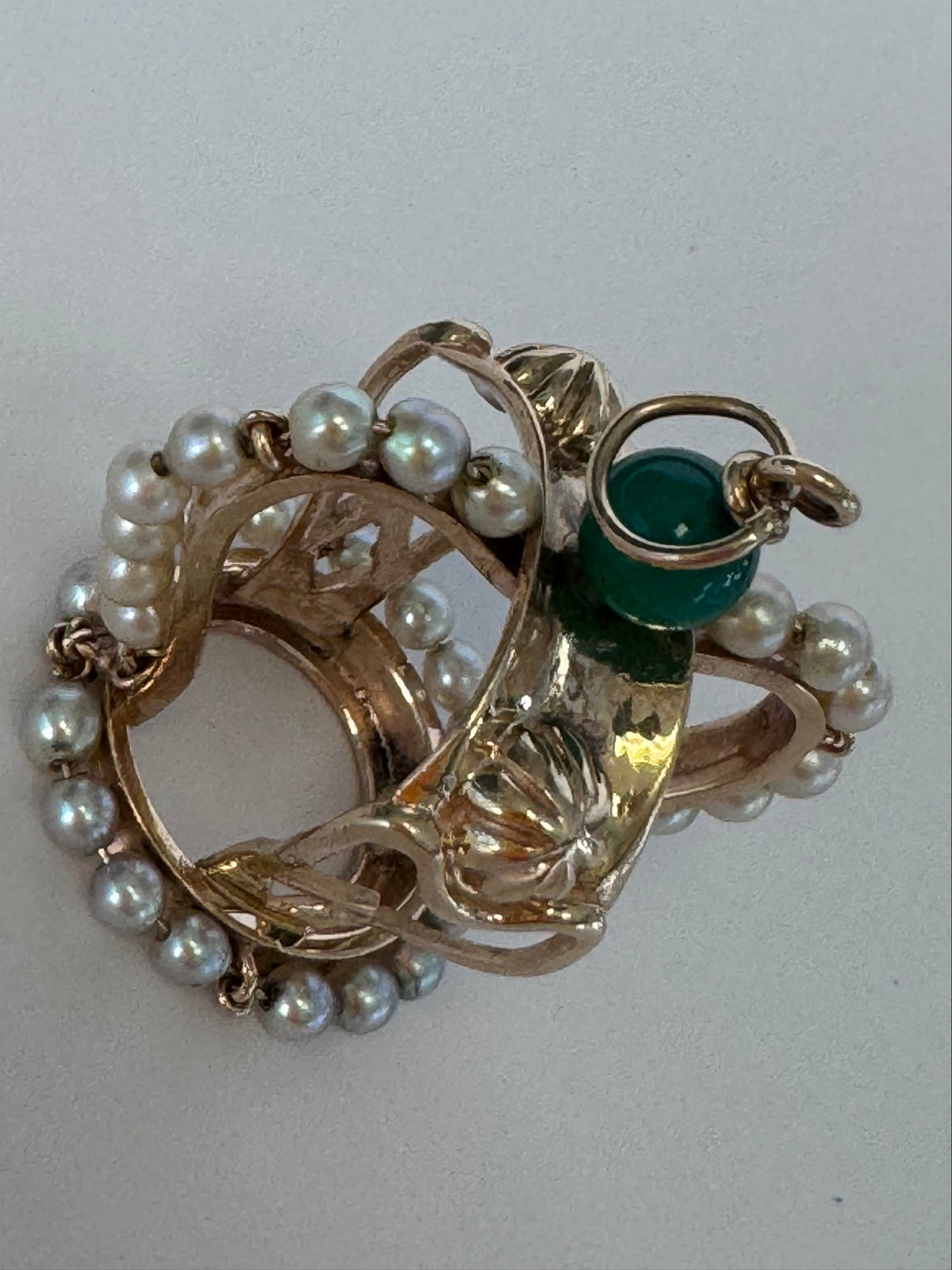Mid-Century Vintage 14K Gold Crown Pendant Natural Jade Pearl Accents Royal Design