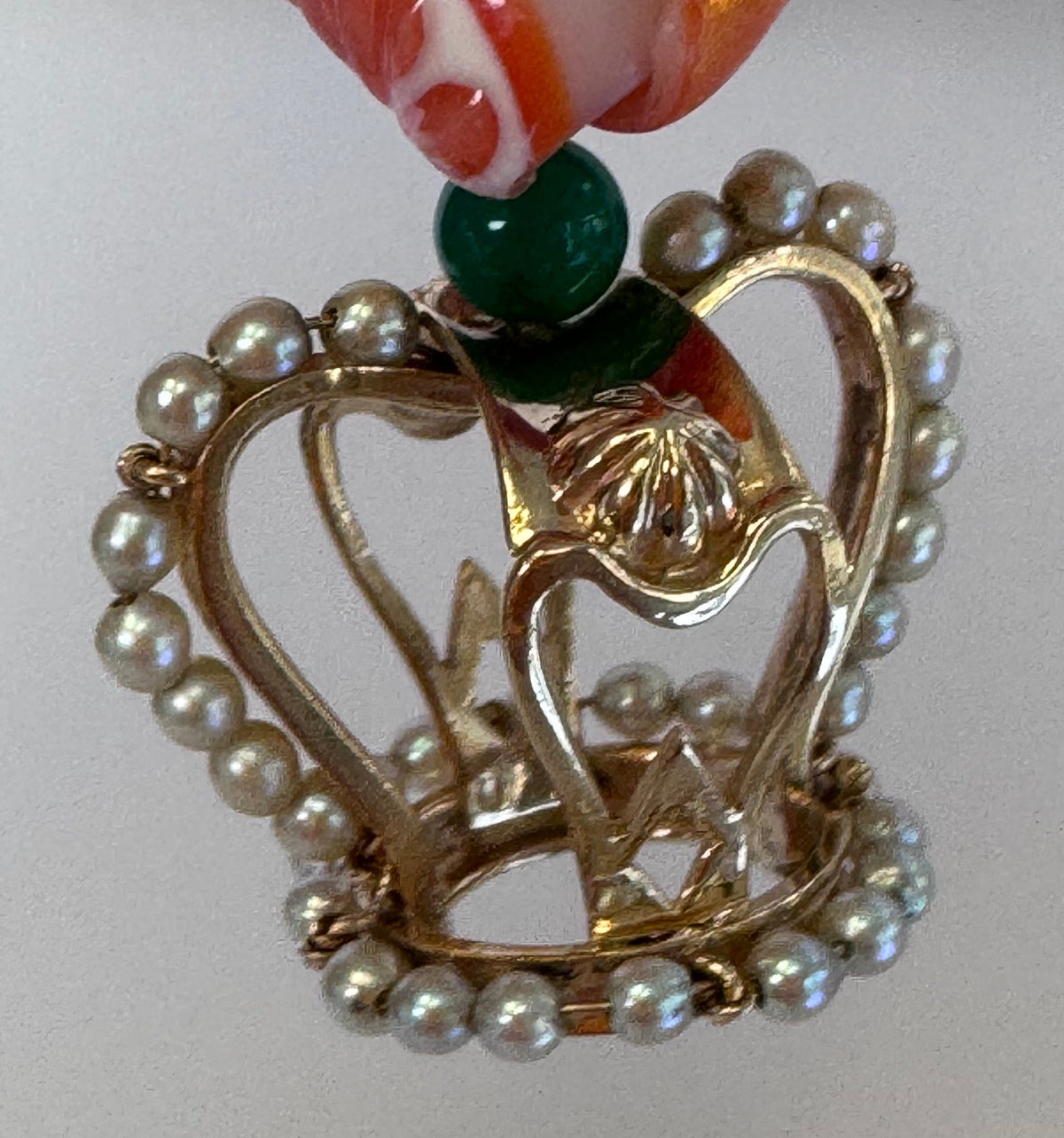 Mid-Century Vintage 14K Gold Crown Pendant Natural Jade Pearl Accents Royal Design