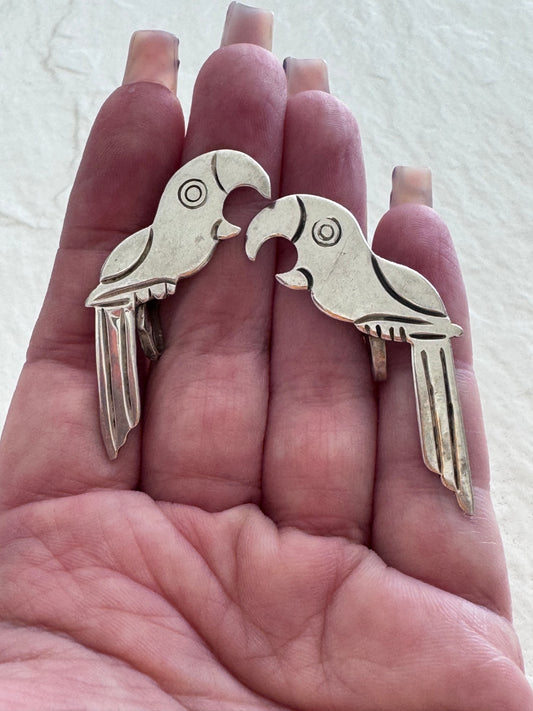 Early Mexican Sterling Silver Parrot Screw Back Earrings