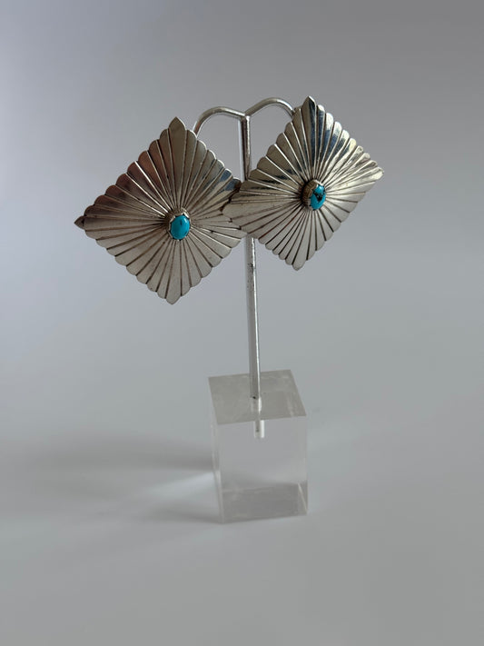 Large Square Southwestern Style Sterling Turquoise Stud Earrings