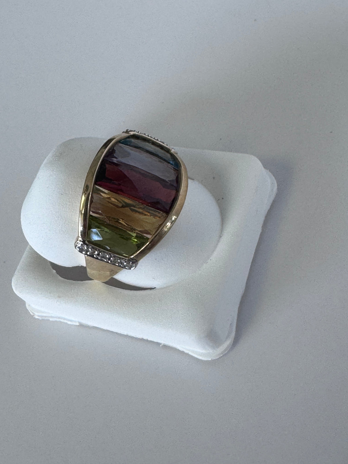 10K Gold Rainbow Multicolor Gemstone Shield Ring