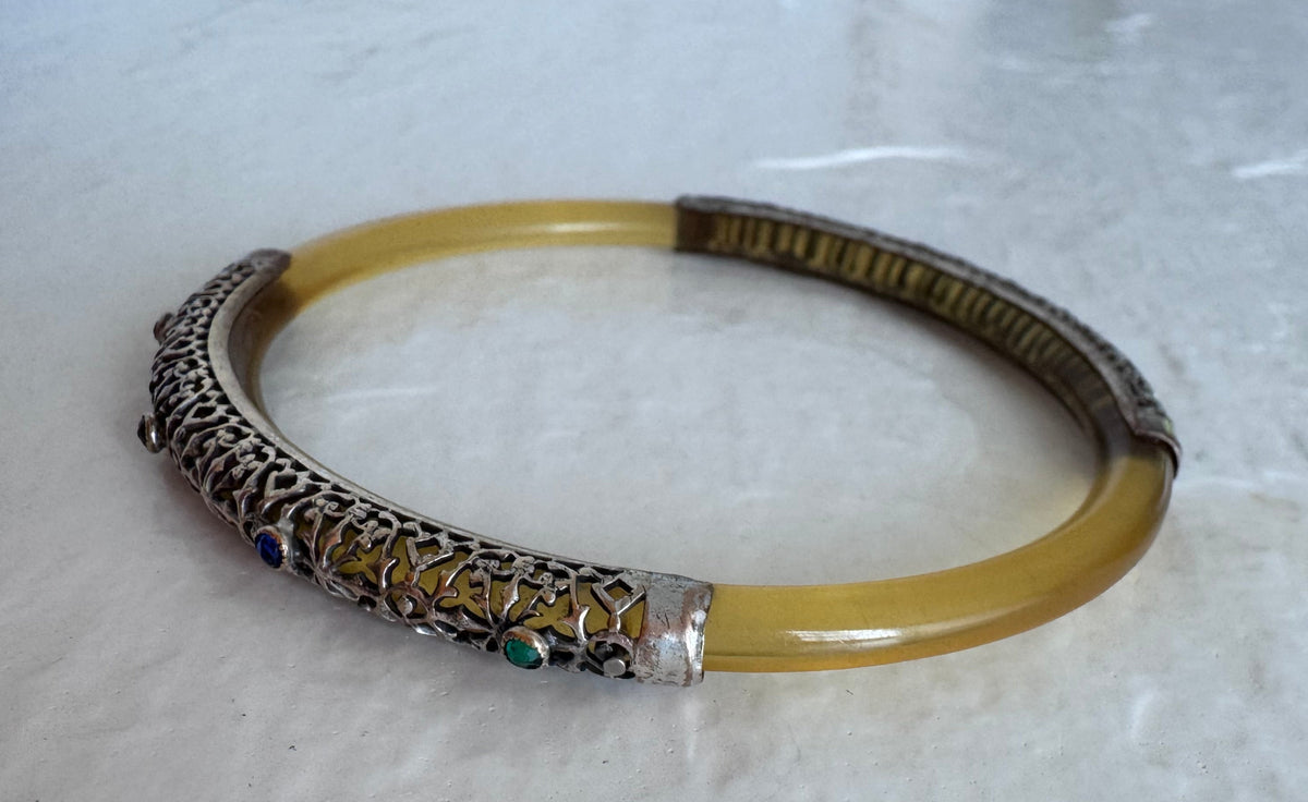 Vintage Apple Juice Bakelite Bangle Sterling Silver Filigree Bracelet