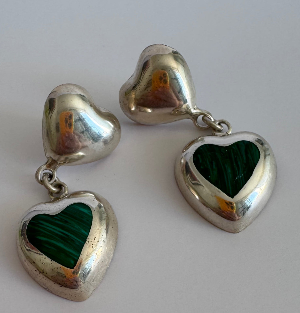 Vintage Sterling Silver Malachite Heart Drop Earrings Two Hearts Are Better Than One