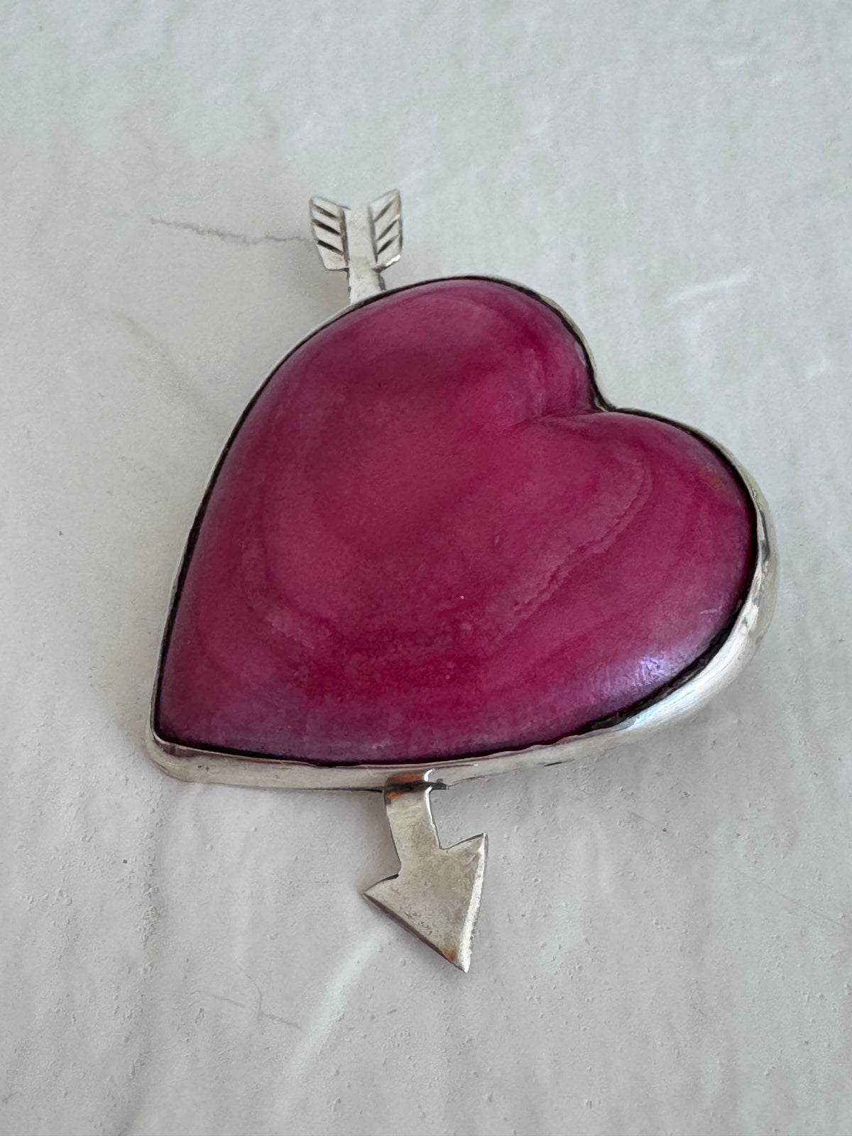 Vintage Mexican Sterling Silver Rhodochrosite Heart Arrow Brooch Pin Pink Stone Valentine Love
