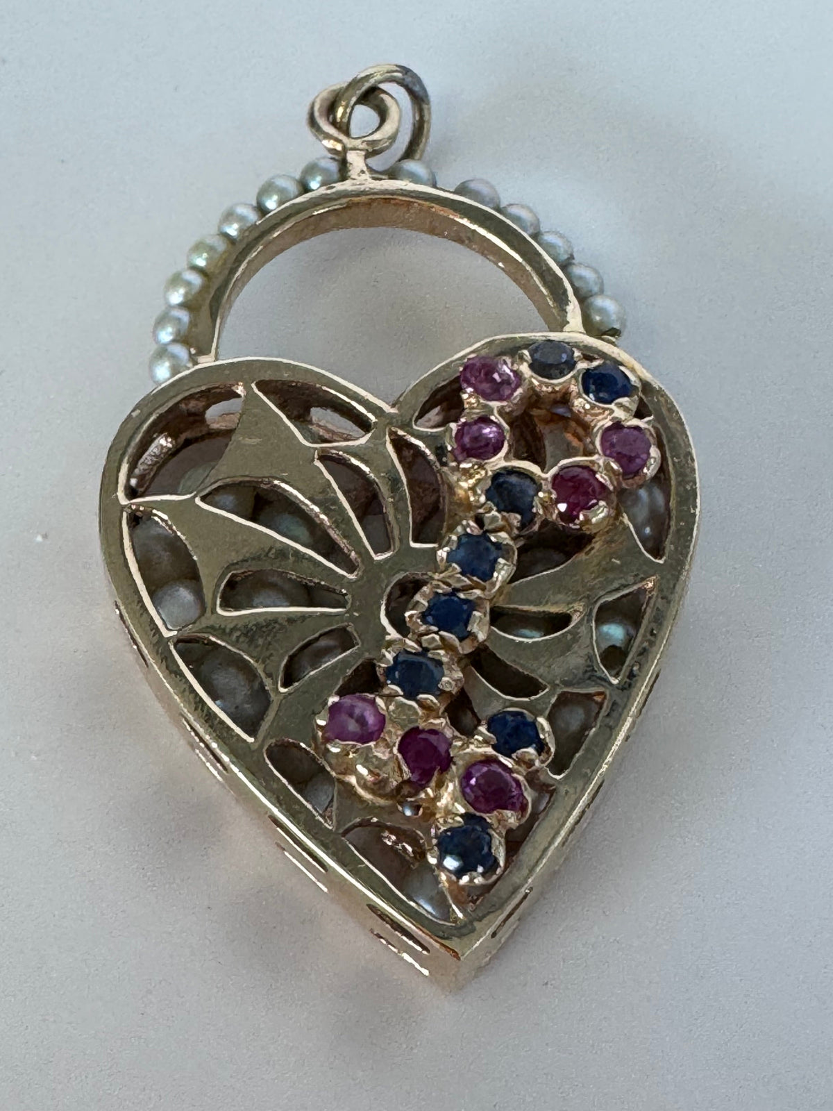 Mid century 14K gold key to my heart charm with rubies sapphires and rattling pearls inside heart lock, vintage charm bracelet piece