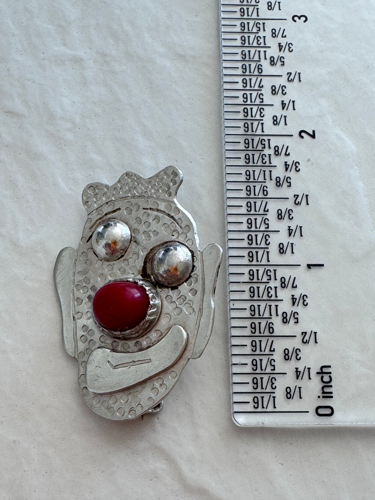 Vintage Sterling Silver Clown Face Brooch Red Cabochon Nose Whimsical Artisan Jewelry