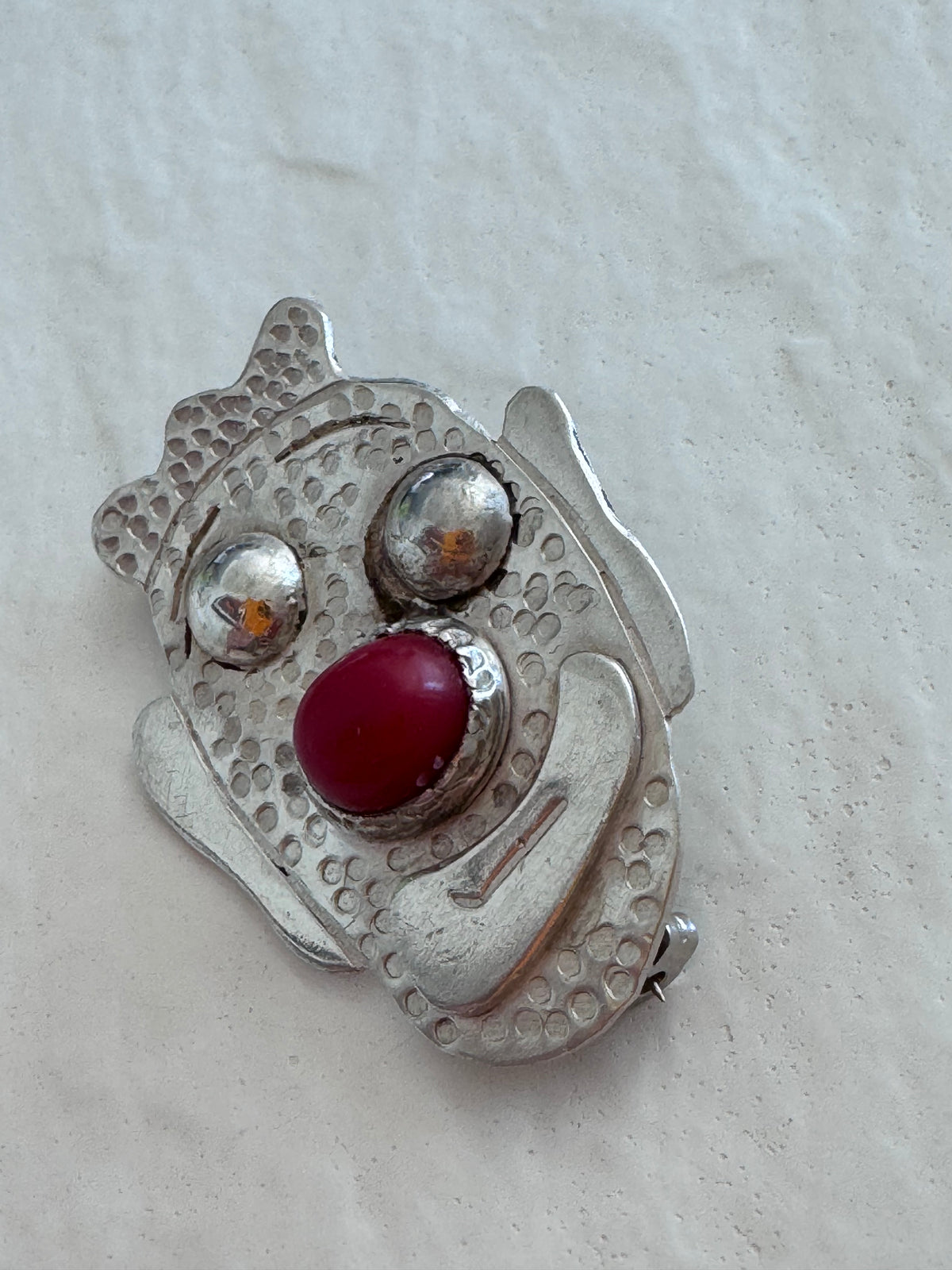 Vintage Sterling Silver Clown Face Brooch Red Cabochon Nose Whimsical Artisan Jewelry