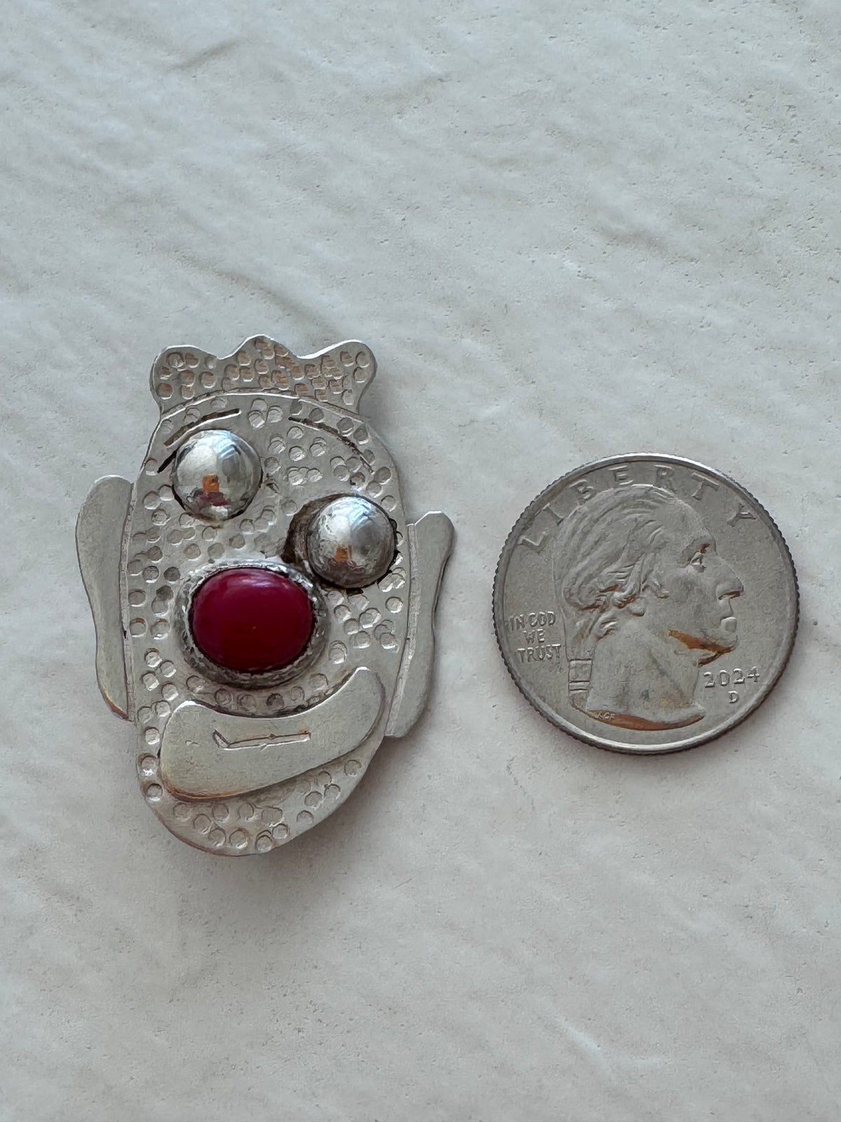 Vintage Sterling Silver Clown Face Brooch Red Cabochon Nose Whimsical Artisan Jewelry