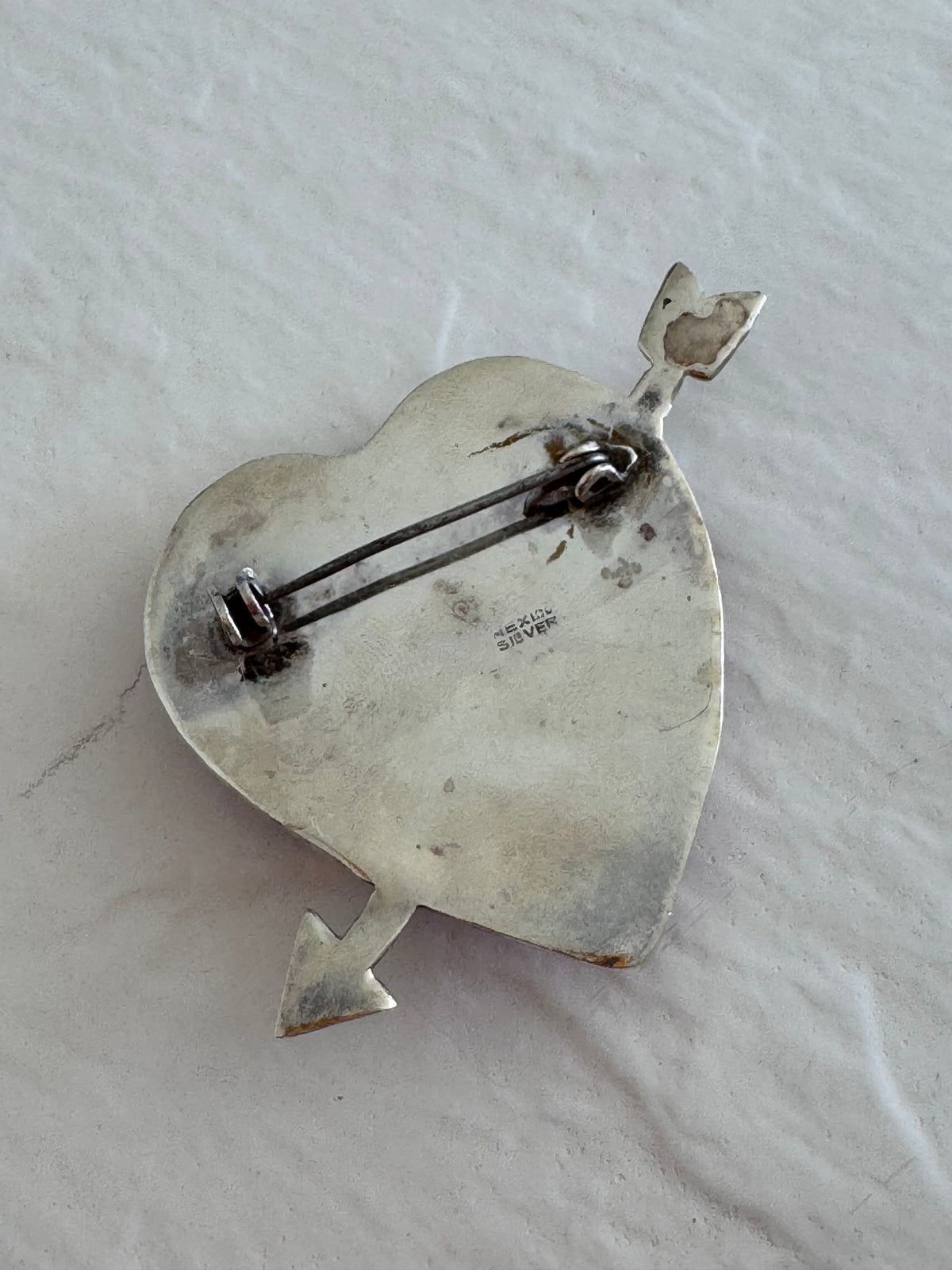 Vintage Mexican Sterling Silver Rhodochrosite Heart Arrow Brooch Pin Pink Stone Valentine Love
