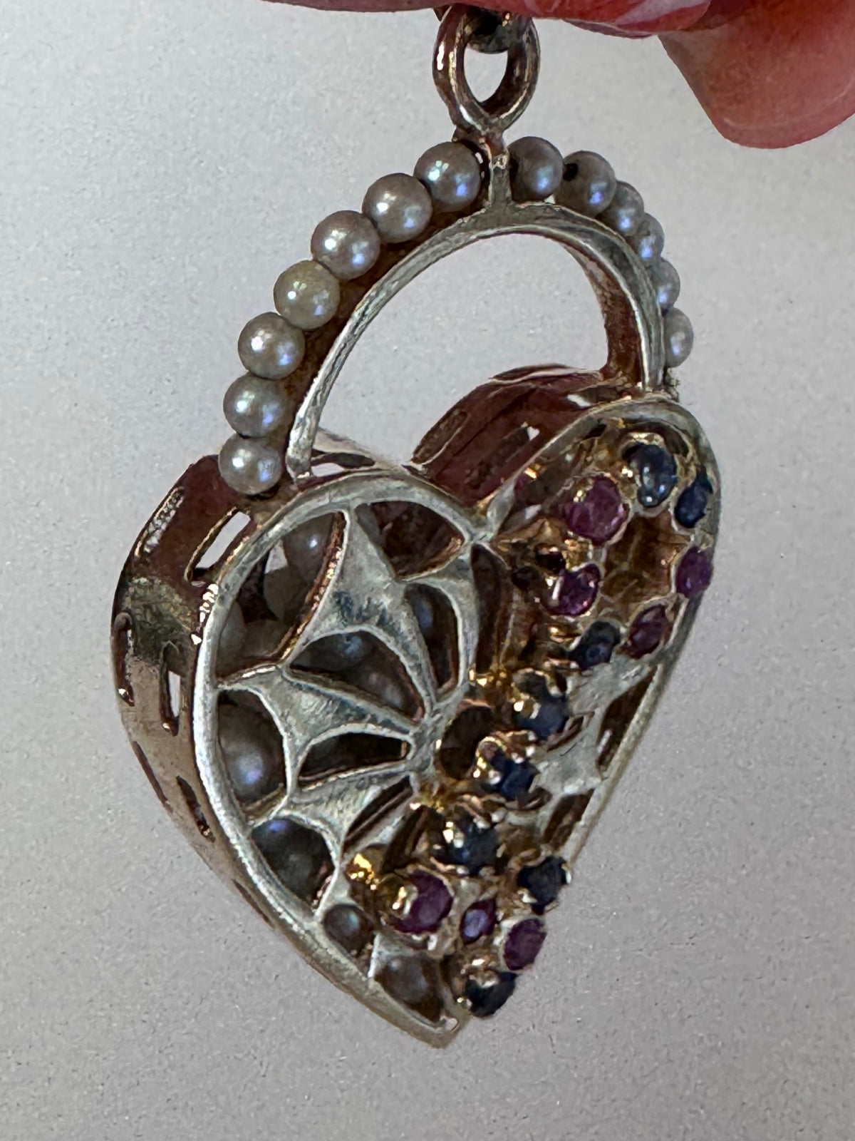 Mid century 14K gold key to my heart charm with rubies sapphires and rattling pearls inside heart lock, vintage charm bracelet piece