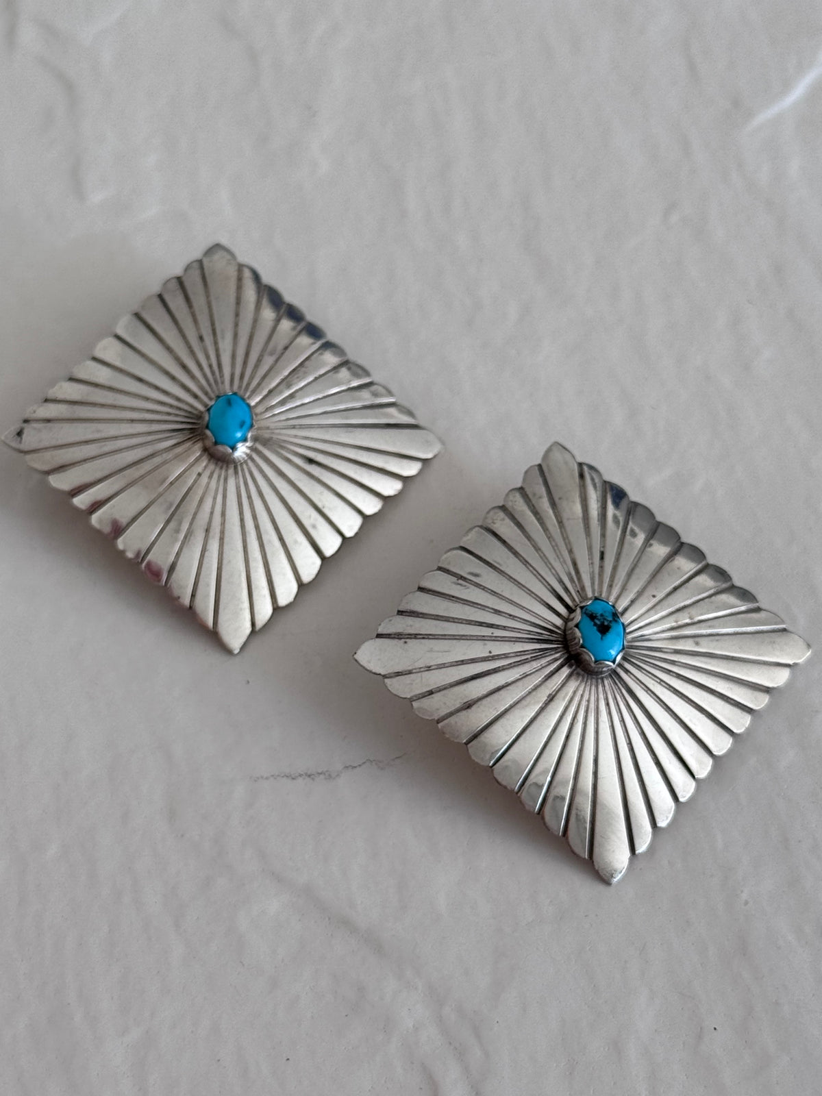Large Square Southwestern Style Sterling Turquoise Stud Earrings