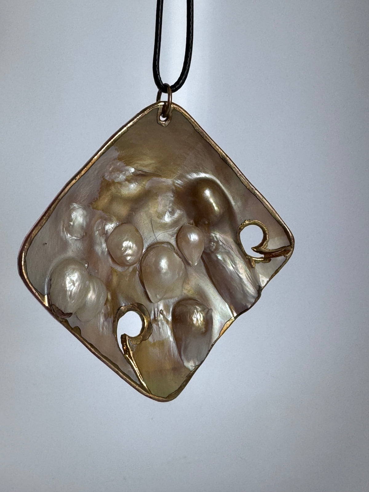 Vintage Large Square Blister Pearl Mother of Pearl Pendant Necklace Gold Foil Edges