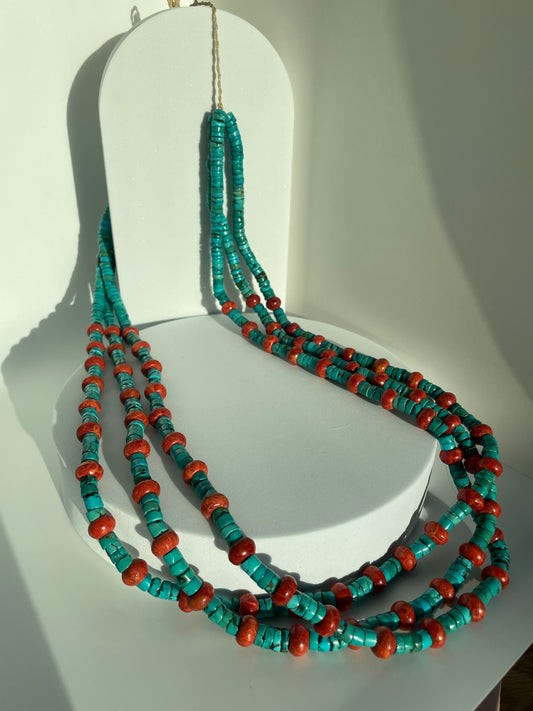 Vintage Turquoise and Orange Stone Beaded Heishi Necklace Large and Long Southwestern Style